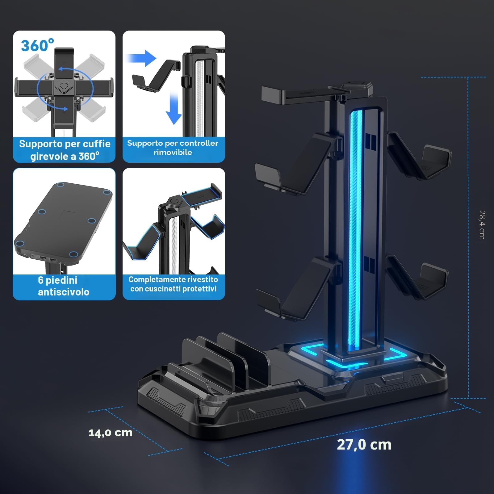 KDD Porta Cuffie da Scrivania con Supporto Telefono, Stand Cuffie Gaming Nero, Porta Controller Staccabile 9 Modalità Illuminazione, USB