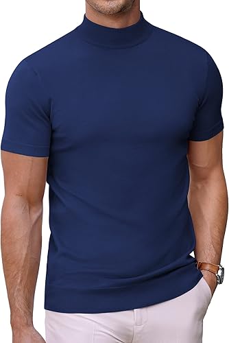 COOFANDY Suéter de cuello alto falso para hombre, de manga corta, color sólido, básico, ajustado, de punto