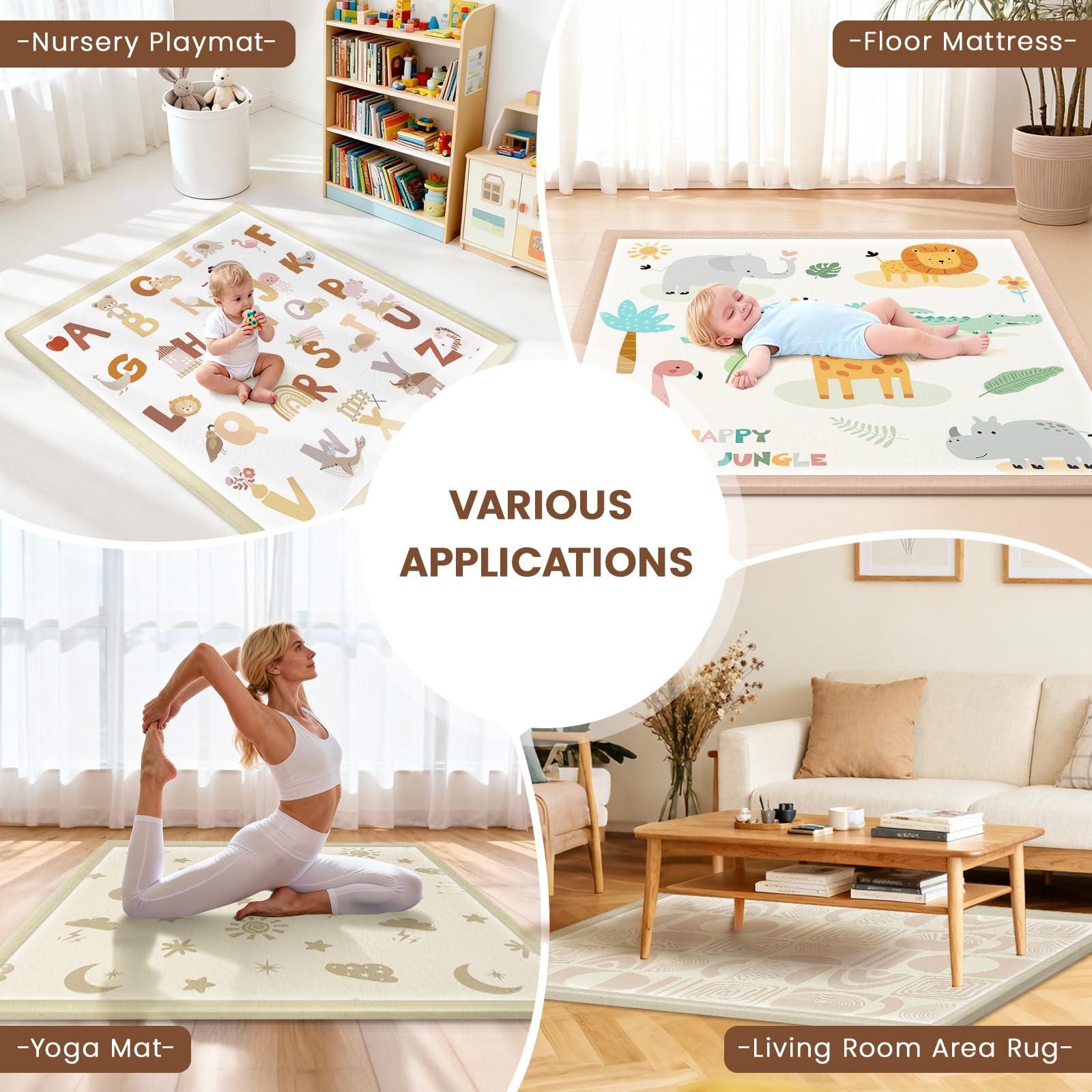 Tappeto Gioco Neonato Gattonamento, 127x127x3cm, Tappetone Pieghevole per Bambini, Superficie in Morbida Flanella con Base Antiscivolo per Camera e Soggiorno - Motivi Geometrici Marroni