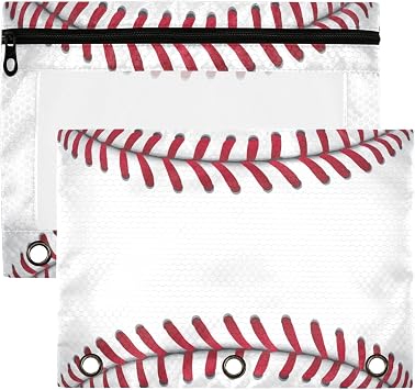 Sports Theme Binder Pouches 3 Ring for Boys Girls School Office College Supplies Baseball Softball Red Lace Pencil Pouches Case Bag with Clear Window and Zipper 2 Pack