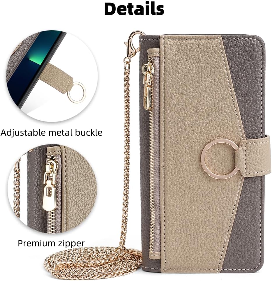 Wallet Case for Honor 9 Flip Phone Case Cover with Crossbody Strap Magnetic Zipper Pocket Makeup Mirror PU Leather Shockproof with Kickstand Shell Gray