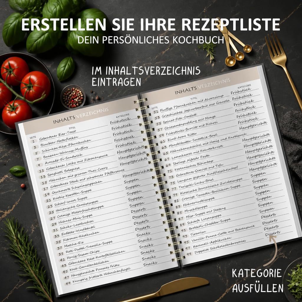 BIROYAL Rezeptbuch zum Selberschreiben A5, Spiralbindung Kochbuch Selbst Schreiben, Rezeptbuch für 100 Lieblingsrezepte, Kochbuch zum Selberschreiben, Recipe Book Schreiben, Rezepte Buch zum Ausfüllen