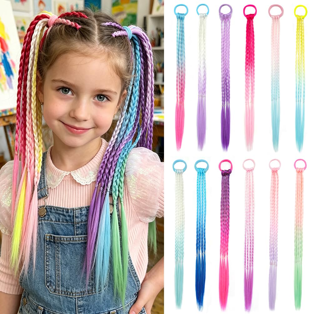 Colored Braided Hair Extensions for Girls Rainbow Braid Ponytail Extension with Rubber Bands Colorful Synthetic Braids Daily Party Festival Halloween Dress Up 18 Inch 12 Pack