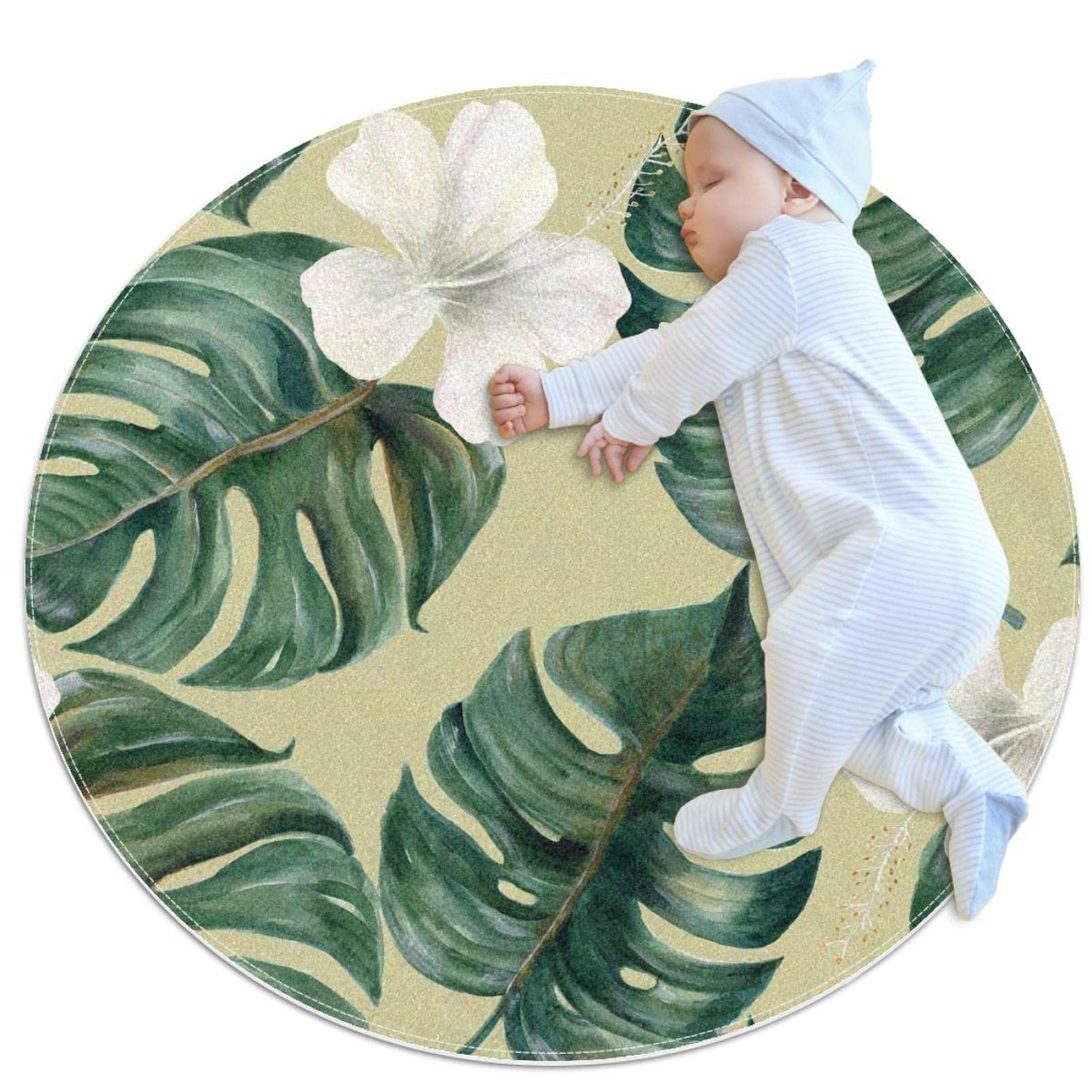 Tapis de bain palmier hibiscus rond : ambiance jungle pour votre canapé