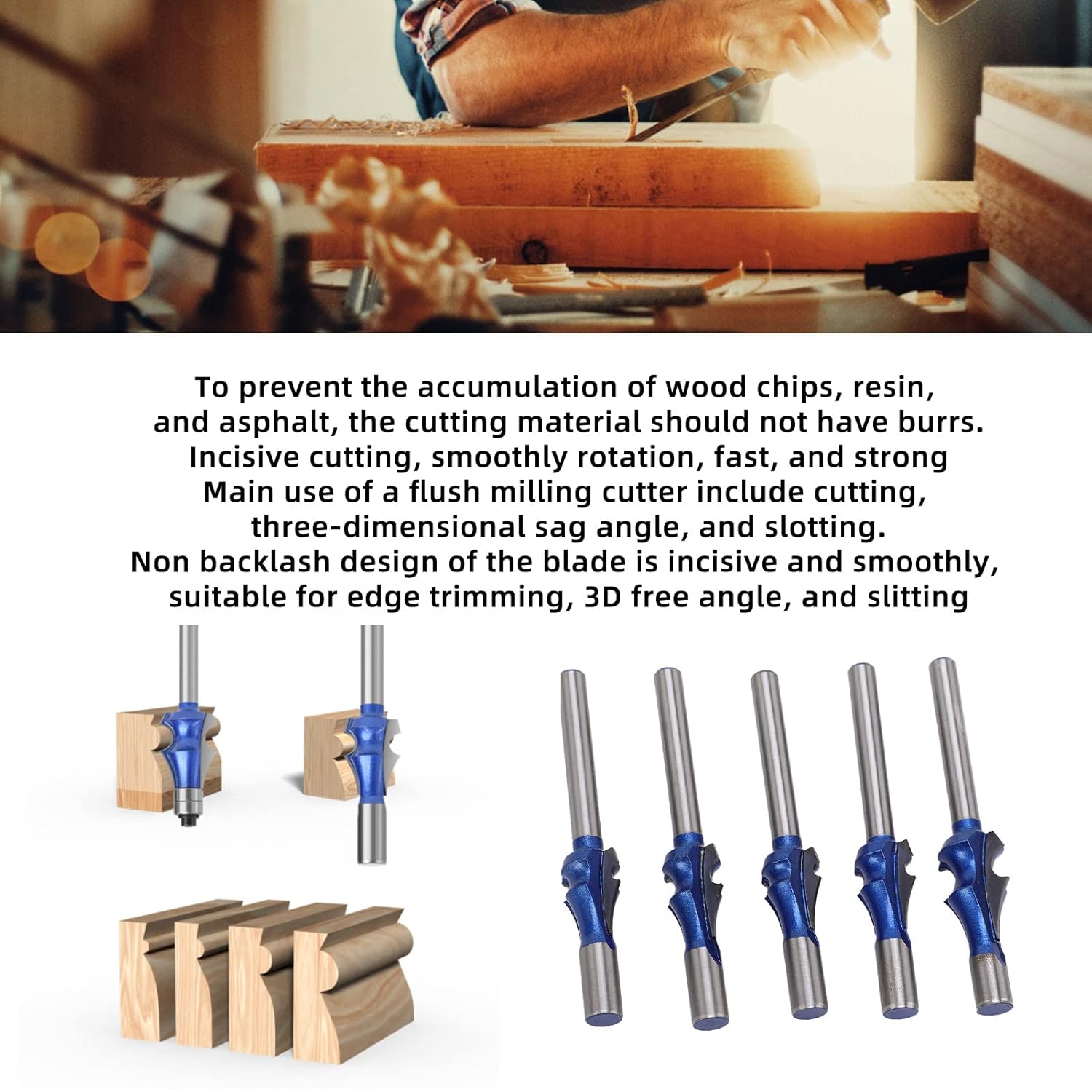 1/4 Shank Architectural Router Bit Set, Woodworking Milling Cutter for MDF Particle Board, Nano Blue Coated Flush Trim Bit with 5 Radius Sizes for Precise and