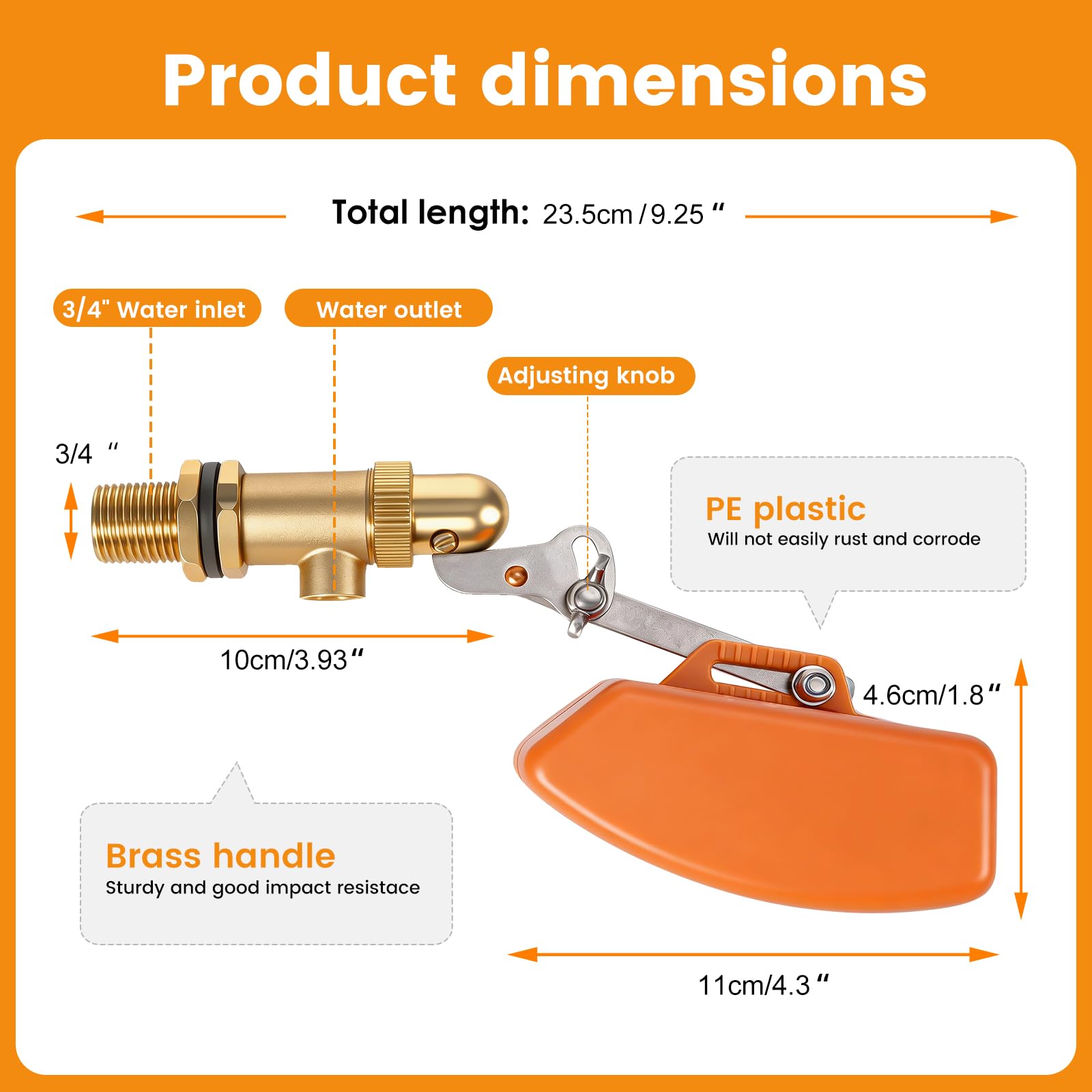3/4" Schwimmerventil Aus Messing 3/4 Zoll Ventil mit Schwimmer mit verstellbarem Arm Auto Fill Feed Befeuchter Für Automatische Viehtränken Wassertank Aquarien (Orange)