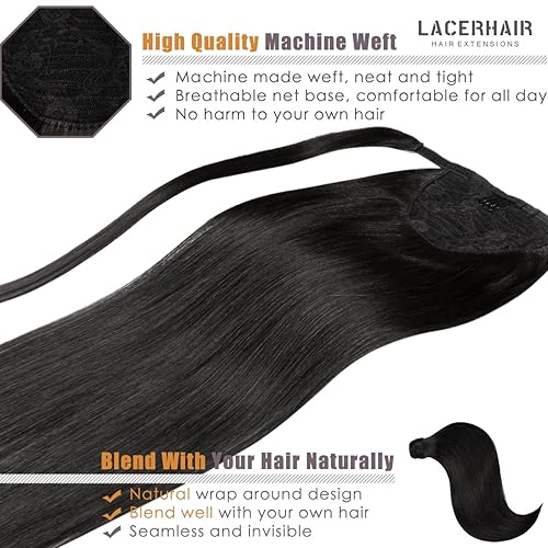 Miniatura 5 de Extensiones de cabello humano de Lacer, color Jet Black, cola de caballo natural, envoltura alrededor, extensión de cola de caballo recta, cabello
