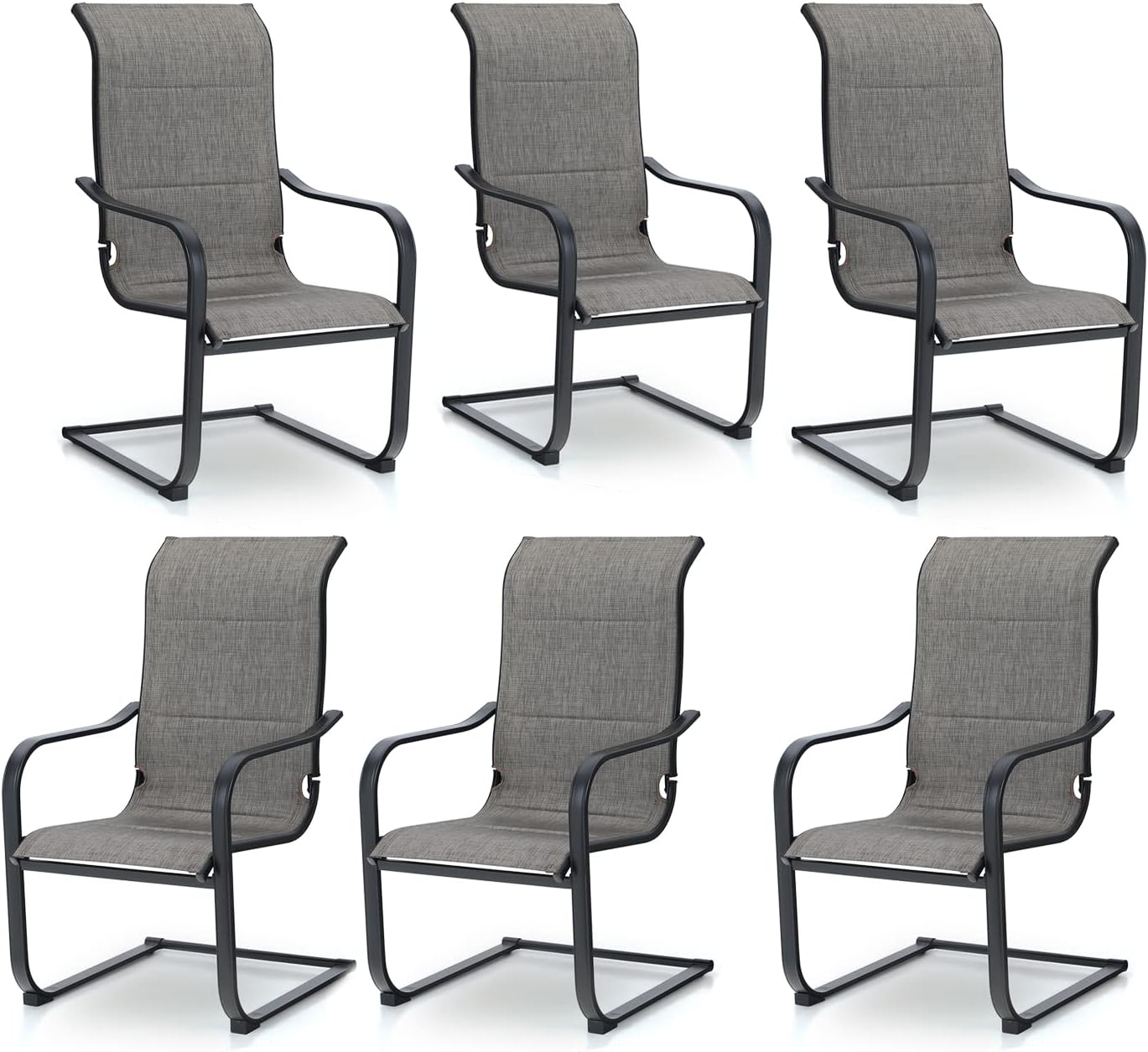 PHI VILLA Outdoor C-Spring Dining Chairs Set of 6, Patio Sling High Back Rocker Chairs with Padded Textilene Fabric & Black Metal Frame for Patio, Porch, Deck, Yard