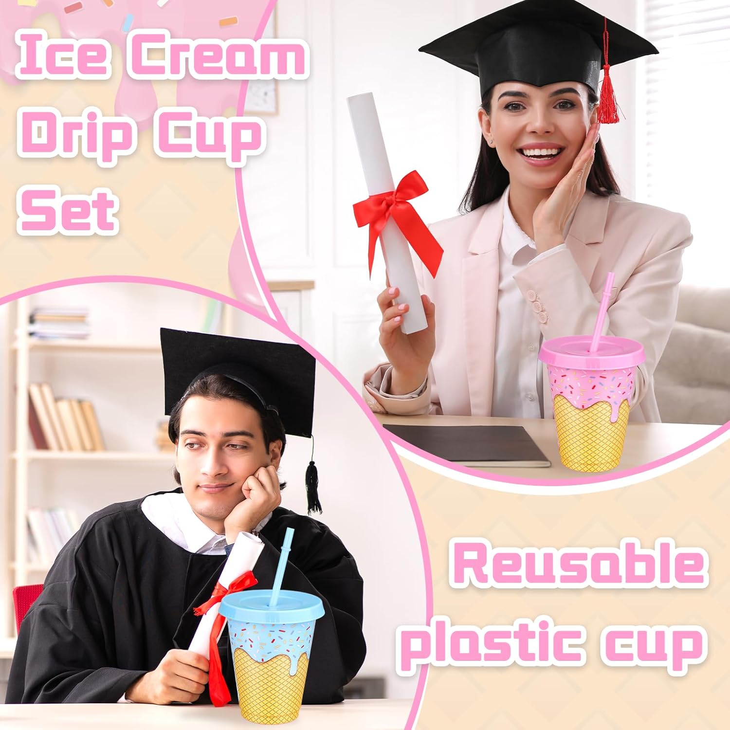 24 Pcs Ice Cream Plastic Tumbler with Lids and Straws 16 oz Reusable Summer Drink Cups Summer Party Favor Cute Dessert Theme Cups for Party Favors End of Year Gifts Graduation Pool Party Supplies