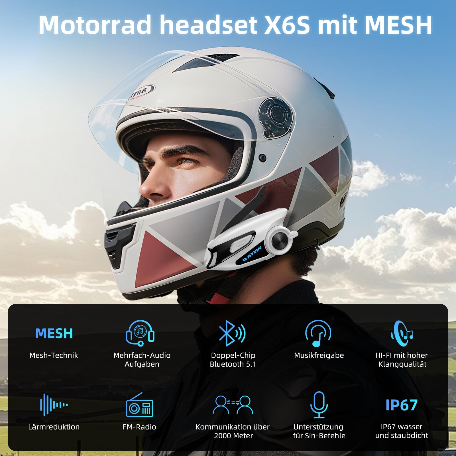 X6S - Intercom per moto, sistema intercom integrato, doppio chip per cuffie multitasking audio, per fino a 8 moto, con HiFi/musica condivisa/FM/AI linguaggio sci/ciclismo