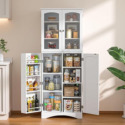 Gizoon 64" Kitchen Pantry Cabinet, Tall Storage Cabinet with Glass Doors and Adjustable Shelves, Freestanding Floor Cabinet Cupboard for Kitchen, Living Room, Dining Room (White)