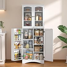 Gizoon 64" Kitchen Pantry Cabinet, Tall Storage Cabinet with Glass Doors and Adjustable Shelves, Freestanding Floor Cabinet Cupboard for Kitchen, Living Room, Dining Room (White)