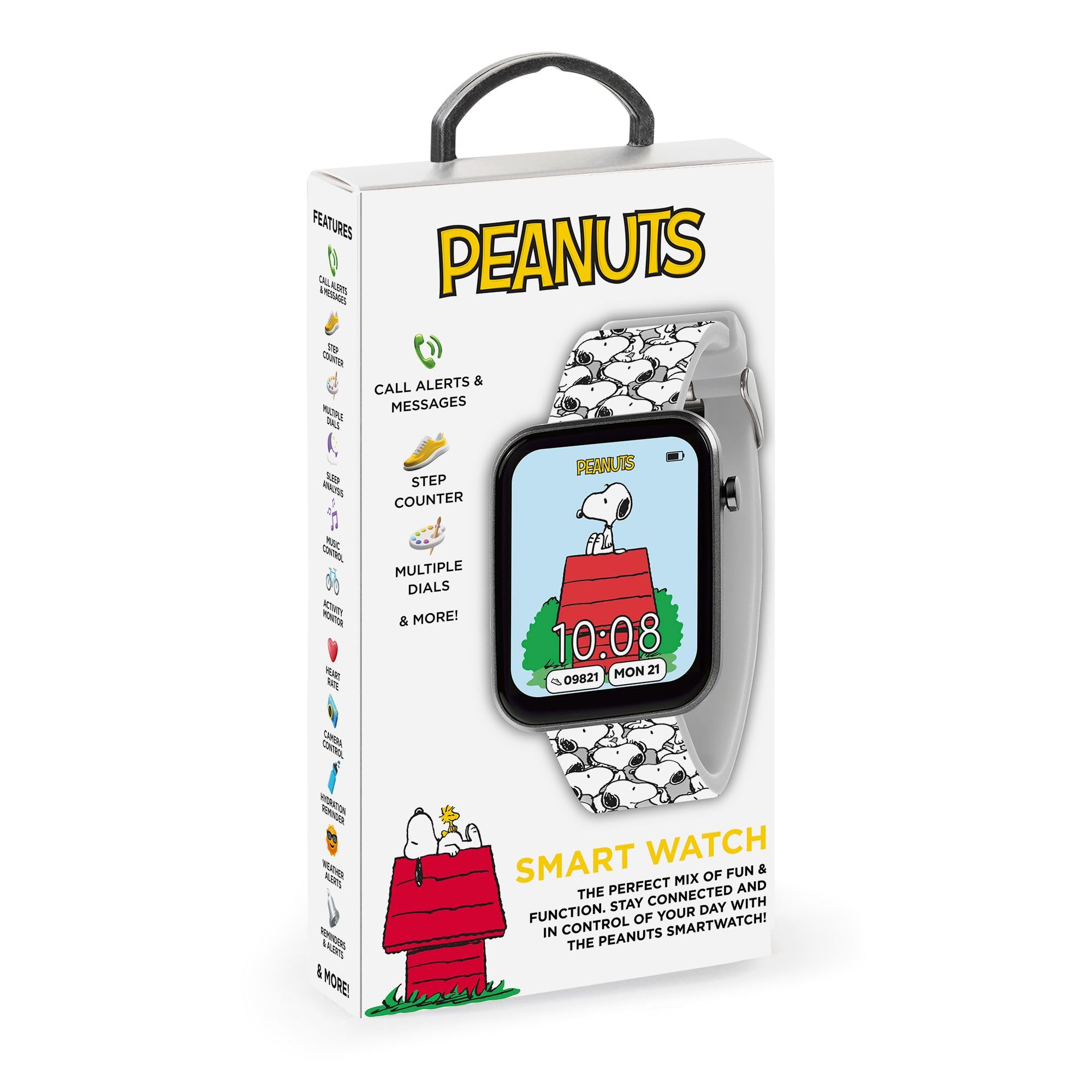 Accutime - Reloj inteligente interactivo Peanuts Snoopy para niños con correa impresa blanca