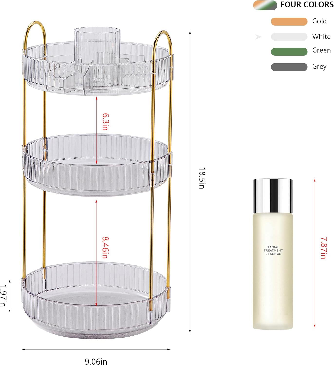 YCIA&DONE Rotating Makeup Organizer for Vanity, Large Capacity Make Up Storage Skin care Shelf Perfume Holders Cosmetic Dresser Organizer Countertop Spinning 360 (White Clear, 3Tiers) - Image 2