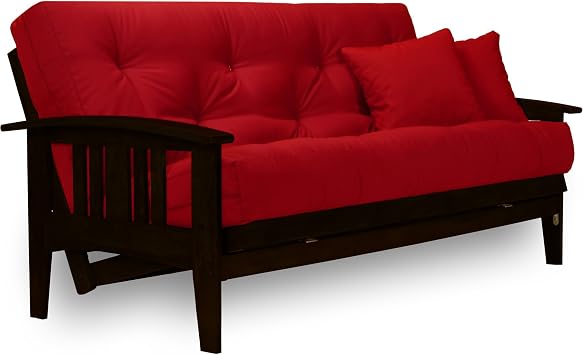 Nirvana Futons Westfield Complete Futon Set - Espresso Finish Warm Black - Full or Queen Size, Mission Style Wood Futon Frame with Mattress Included Twill Red, More Mattress Colors Available