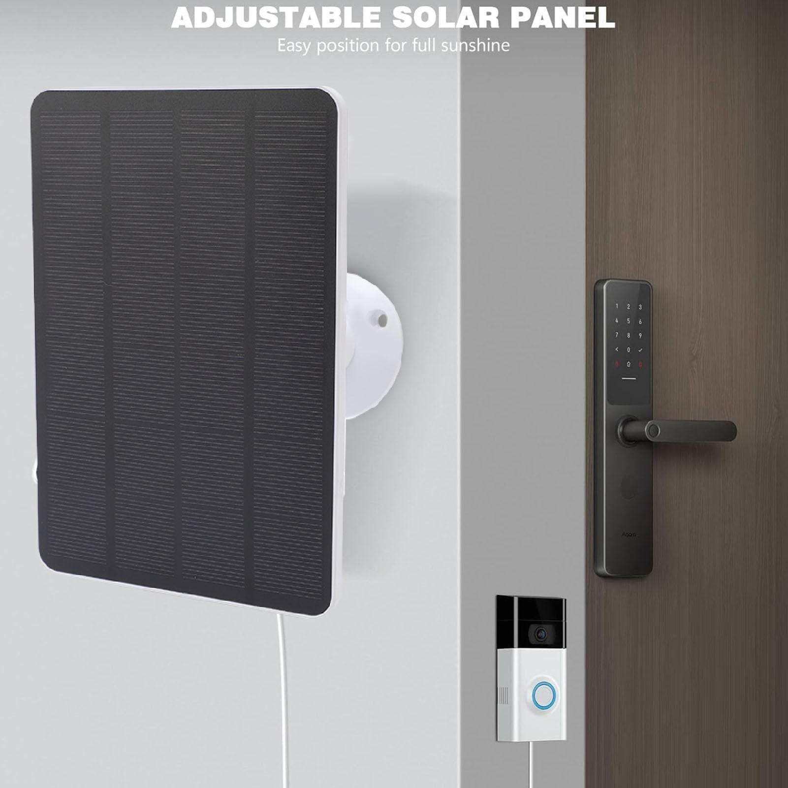 2pcs Cargador Solar para el Timbre con batería Ring, Panel Solar de 10 W con Soporte de Pared Giratorio d360°, Cable de 3 Metros, IP65 para el Timbre con vídeo Ring 2/3/3+/4