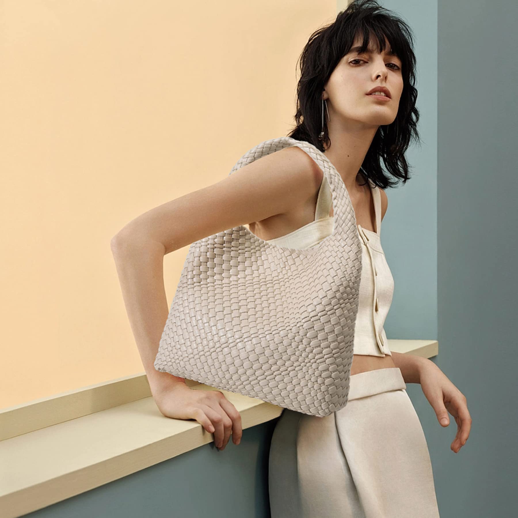 Queenoris Fashion Woven Purse for Women Top-handle Shoulder Bag Soft Summer Hobo Tote Bag