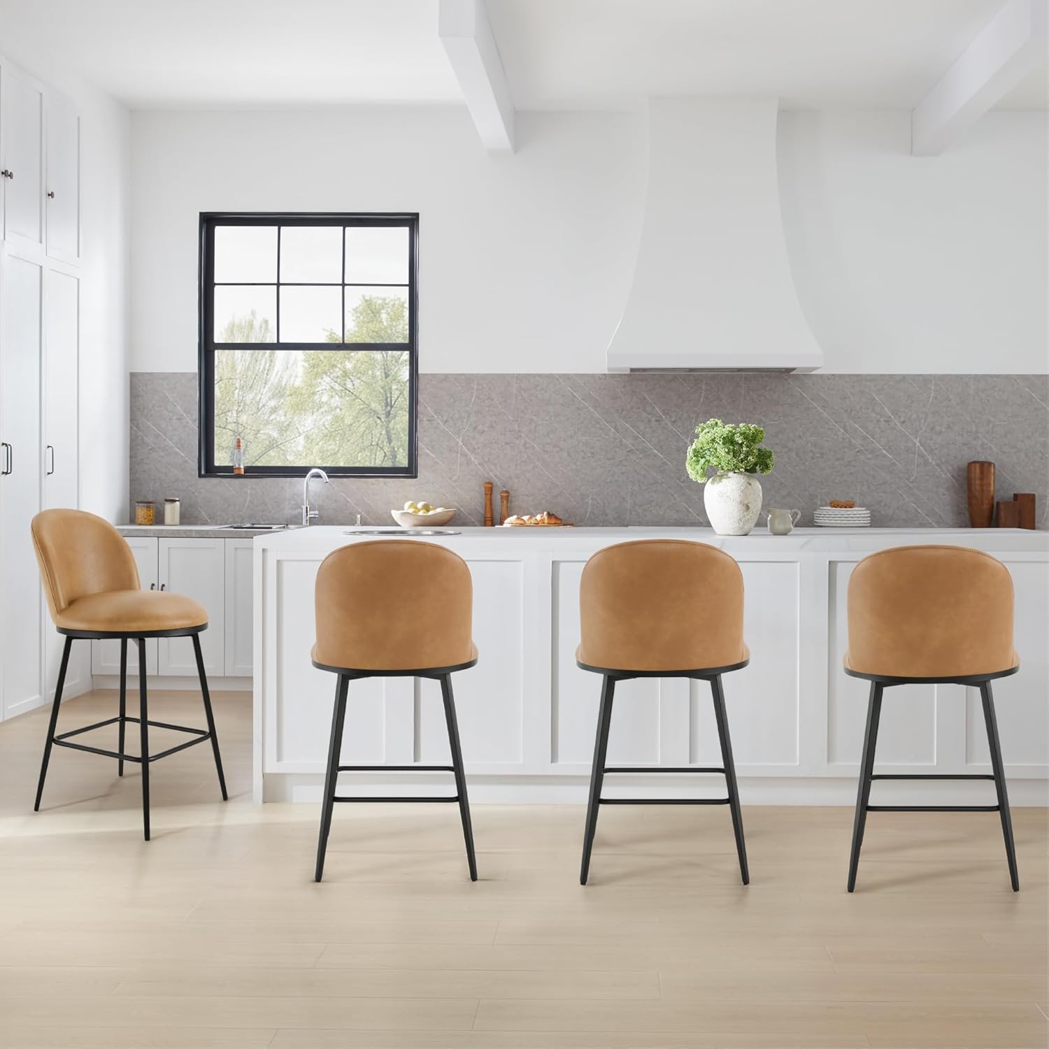Swivel Bar Stools Set of 2, 26" H Upholstered Faux Leather Barstools with Backs,Counter Height Stools with Metal Legs for Kitchen Island,Brown,1 Box