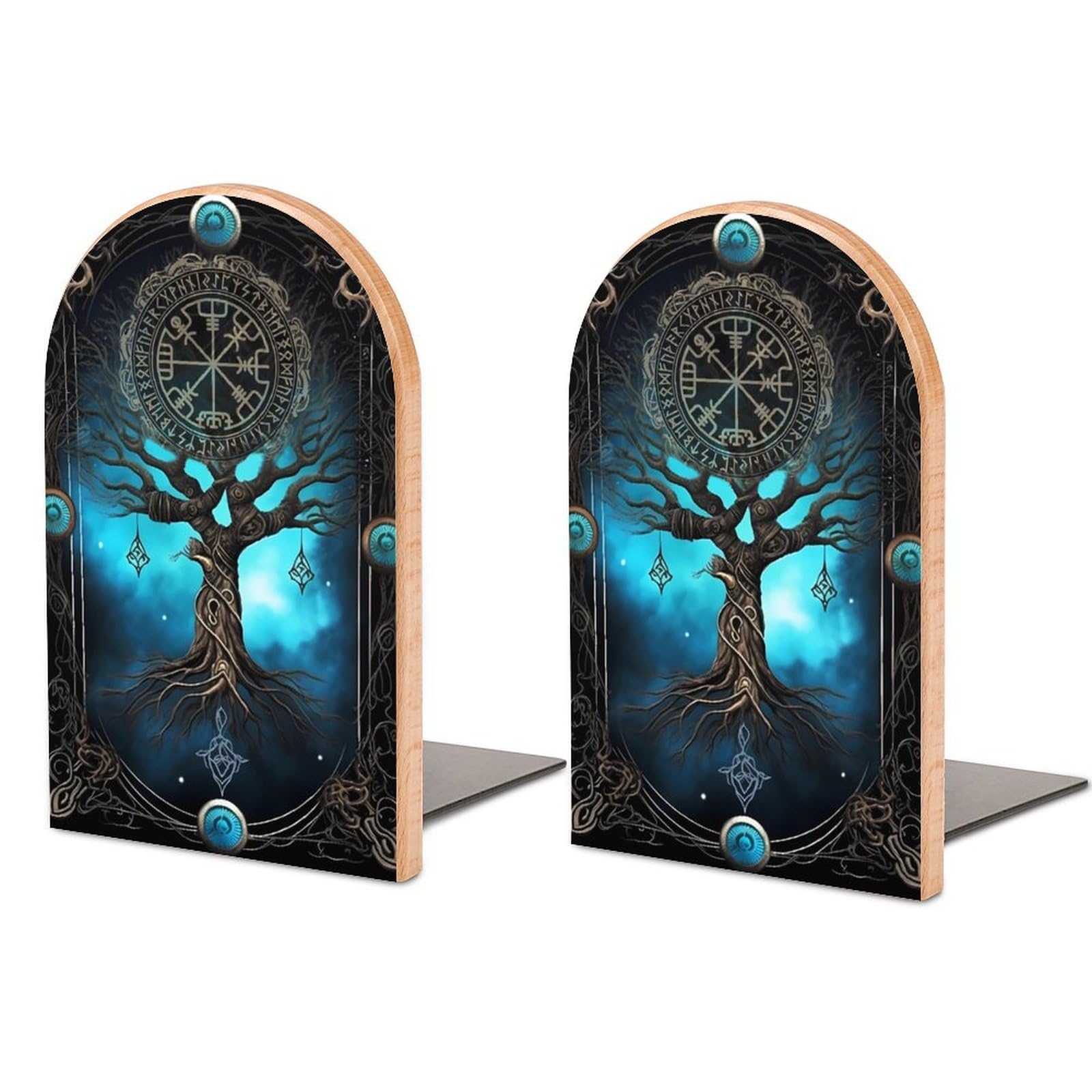 Tree of Life Viking 2PCS Wood Book Ends Bookends for Shelves Non Skid Book Ends for Office Home Kitchen, Bookends for Holding Books 6.7 * 4.7inch