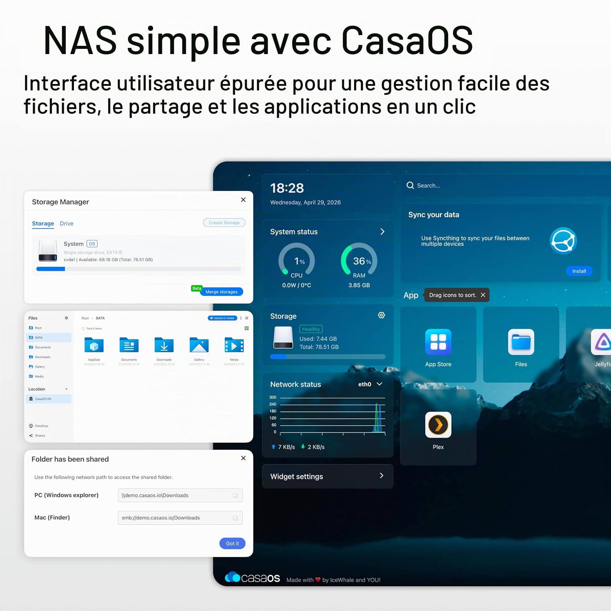 ZimaBlade 7700 Kit NAS de Poche x86 DeskBuild, Serveur Personnel 4 cœurs avec Applications en Un clic, Personnalisation Possible, PCIe x4, Ethernet Gigabit, Serveur multimédia 4K, Stockage en réseau