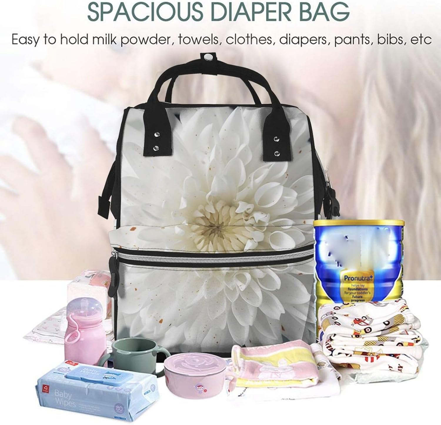 White parttern Diaper Bag with Changing Pad, Pacifier Holder - Multifunction Travel Nappy Bags Large Capacity Laptop Backpack Waterproof Mommy Bag Casual Daypack for Mom image 5