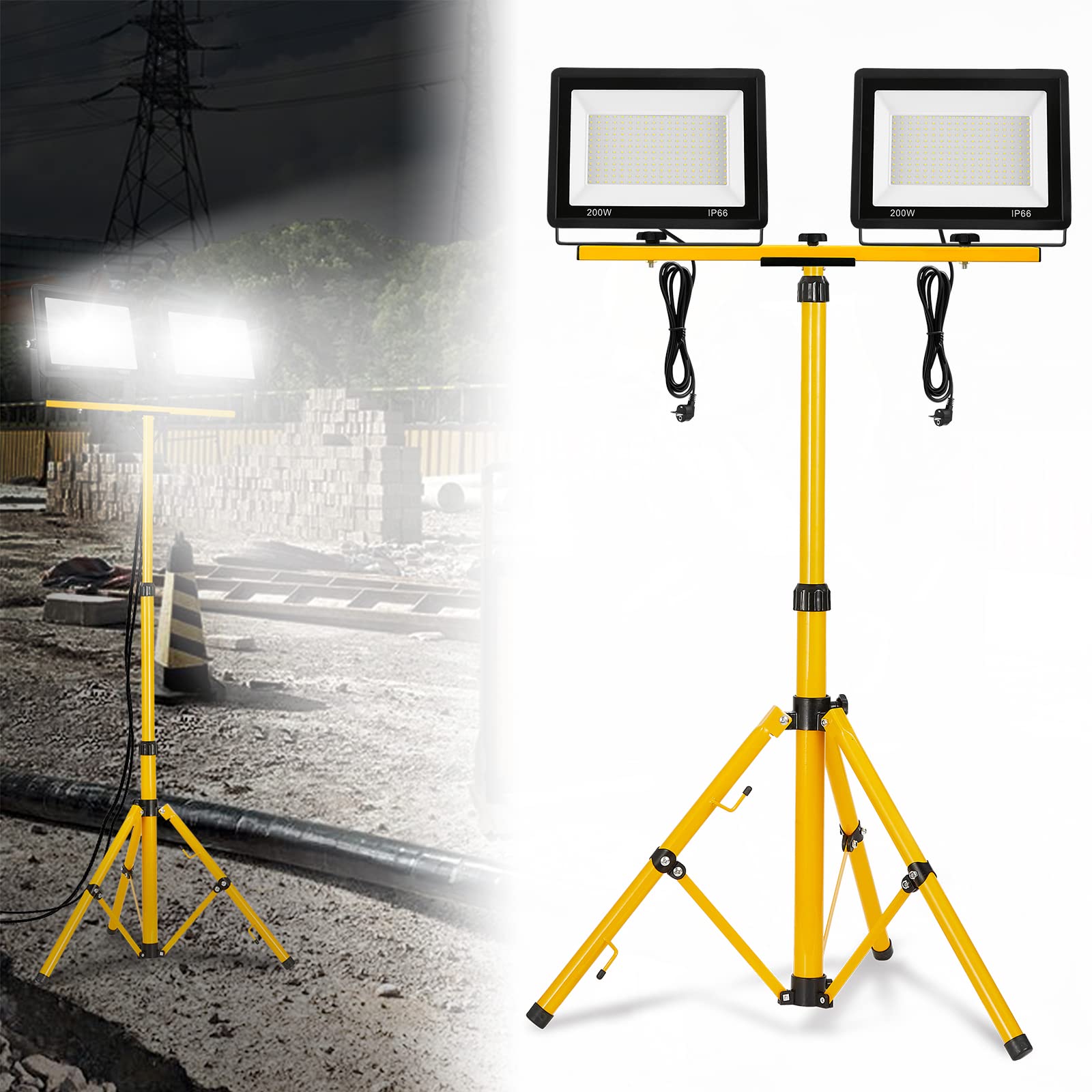 LZQ LED Baustrahler 2*200W Kaltweiß Arbeitsleuchte 16000LM Scheinwerfer mit Stativ und Netzkabel, Arbeitsscheinwerfer IP66 Wasserdicht LED Fluter mit Stecker, Bauscheinwerfer für Werkstatt Baustelle