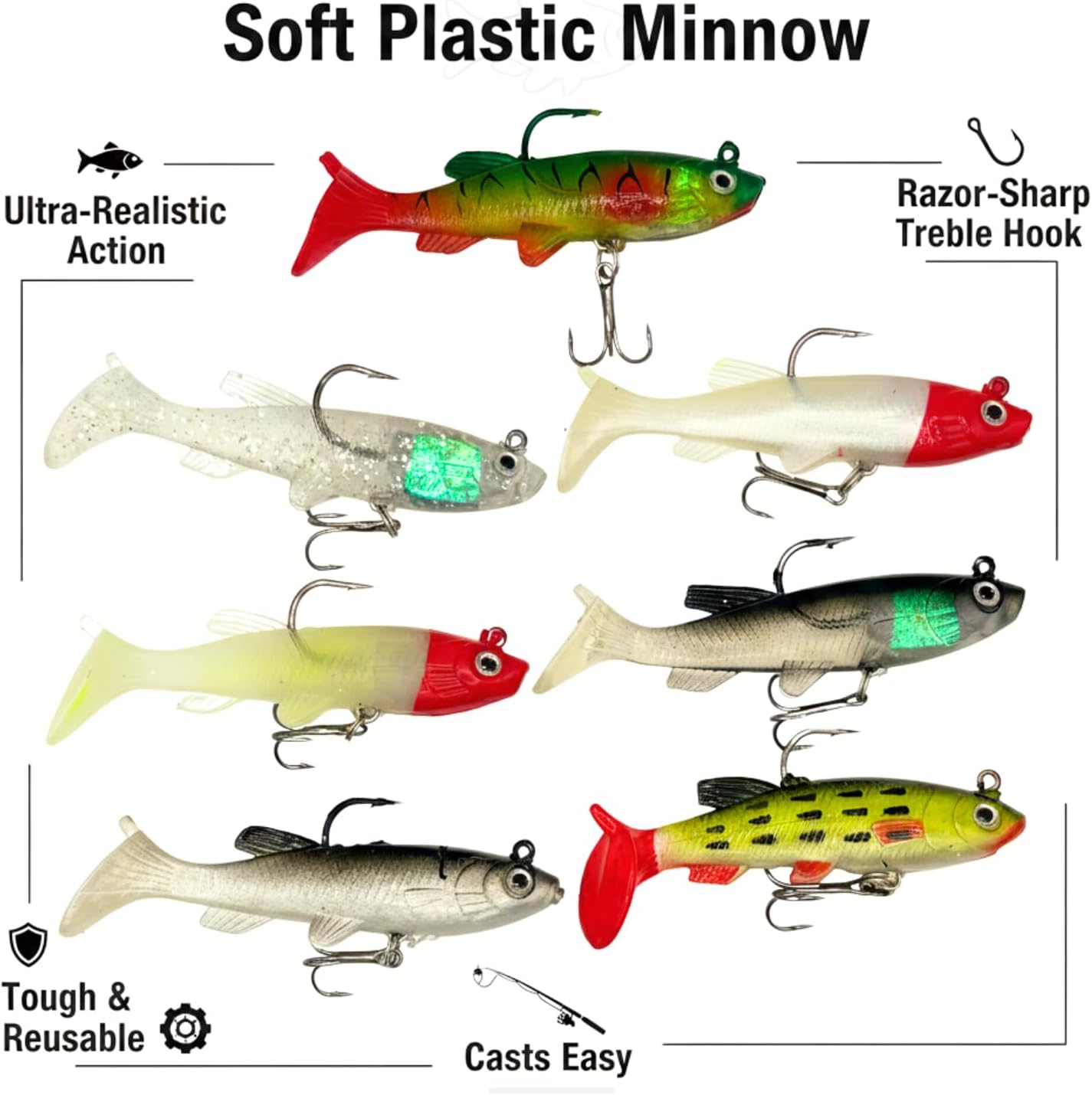 7 pcs - Soft Minnow, Fishing Lures, Bass Lures, Treble Hook, Realistic Bait - Soft Plastic
