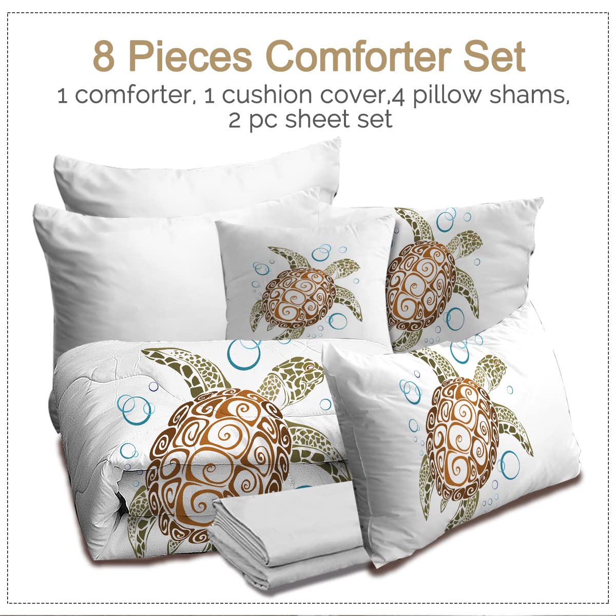 BlessLiving Sea Turtle Bed Set - Mandala Turtle Bedding - 1 Comforter, 2 Shams, 1 Flat Sheet, 1 Fitted Sheet, 1 Cushion Cover, 8 Piece, Twin, White