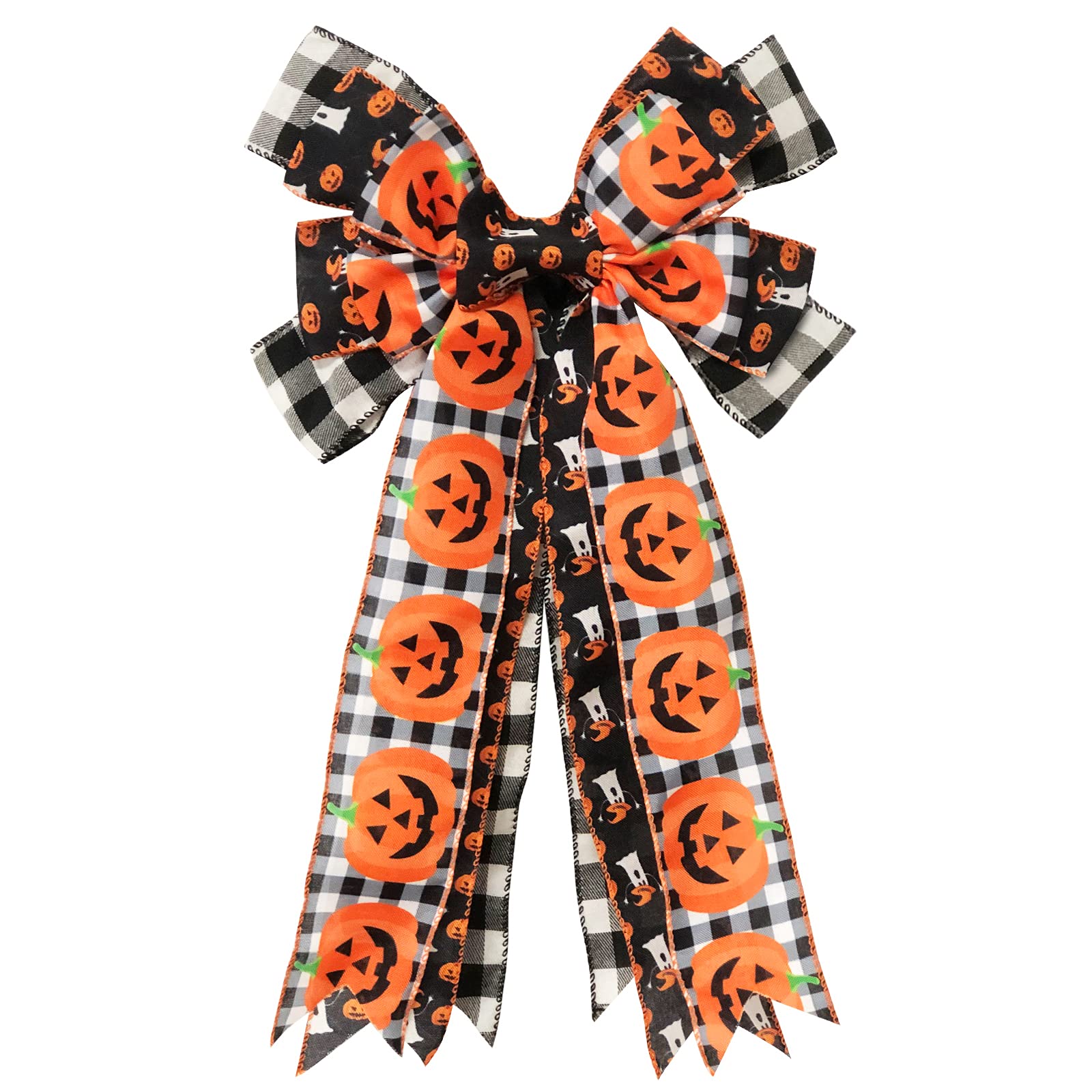 COSKAKA Happy Halloween Wreath Bow Black White Buffalo Plaid Pumpkin Lanterns and Ghosts Halloween Bow for Fall Decor, Front Door Hanging Sign Decor, Thanksgiving Indoor Outdoor Decor 11 x 17.7