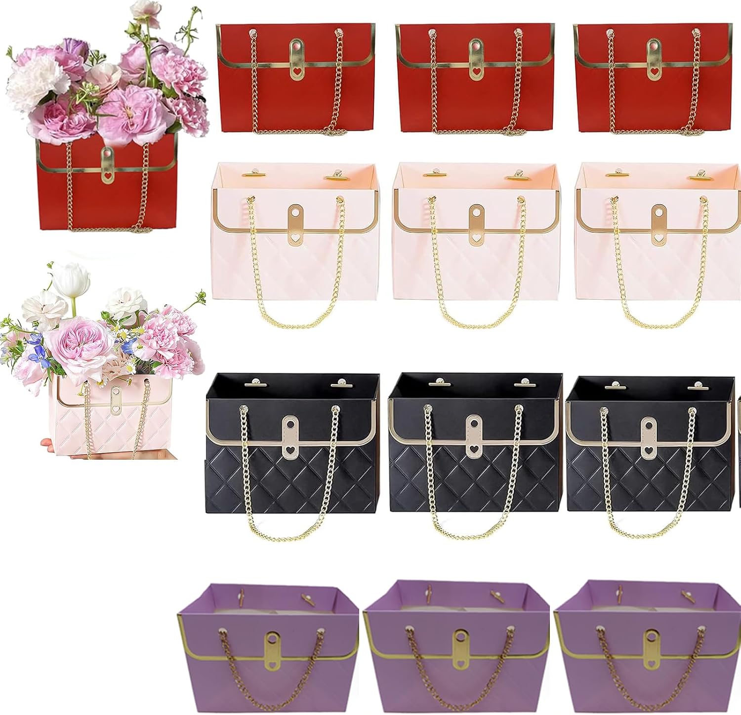 Ankysasky 12Pcs Paper Flower Gift Bags with Metal Chain, Rectangular Bouquet Storage Bucket Florist Bag Handbag, Multiple Occasions (Pink, Black, Red, Purple, Beige)