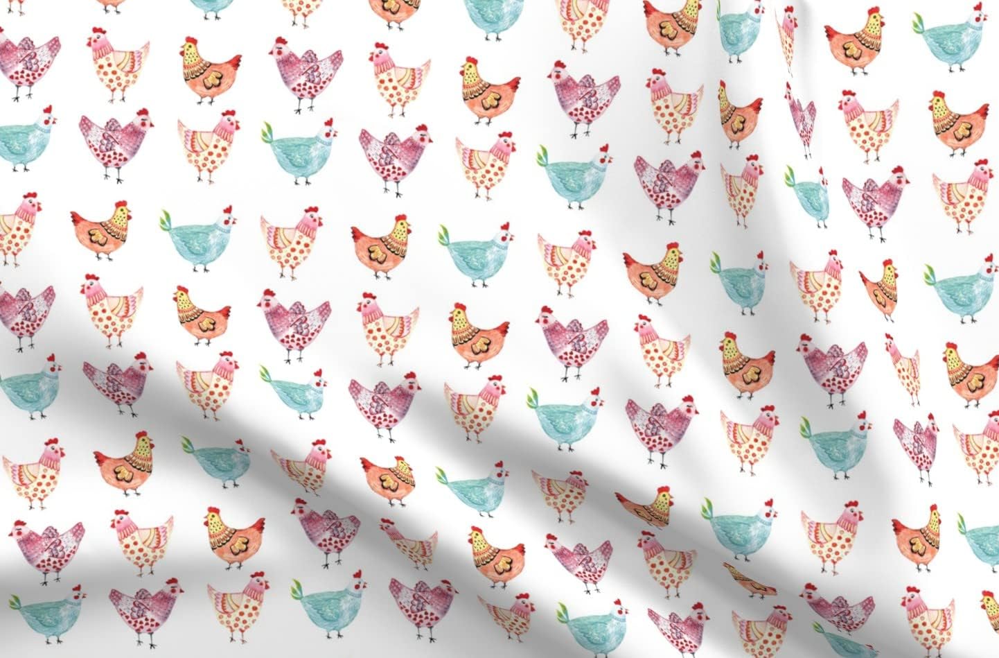 Spoonflower Fabric - Colorful Chickens Farm Rooster Printed on Organic Cotton Sateen Fabric by The Yard - Sewing Quilting Apparel Home Decor