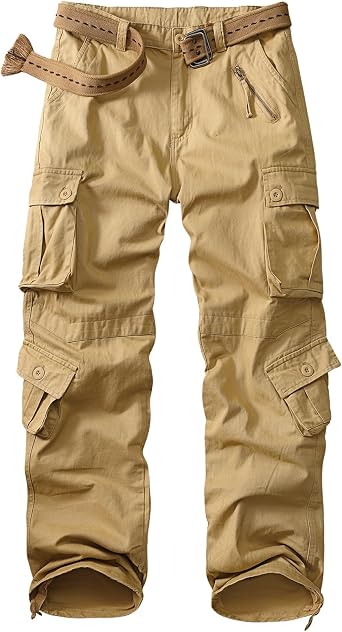 Mid Low Rise Cargo Pants for Men Youth Comfy Cotton Casual Streetwear Military Combat Work TrousersNo Belt