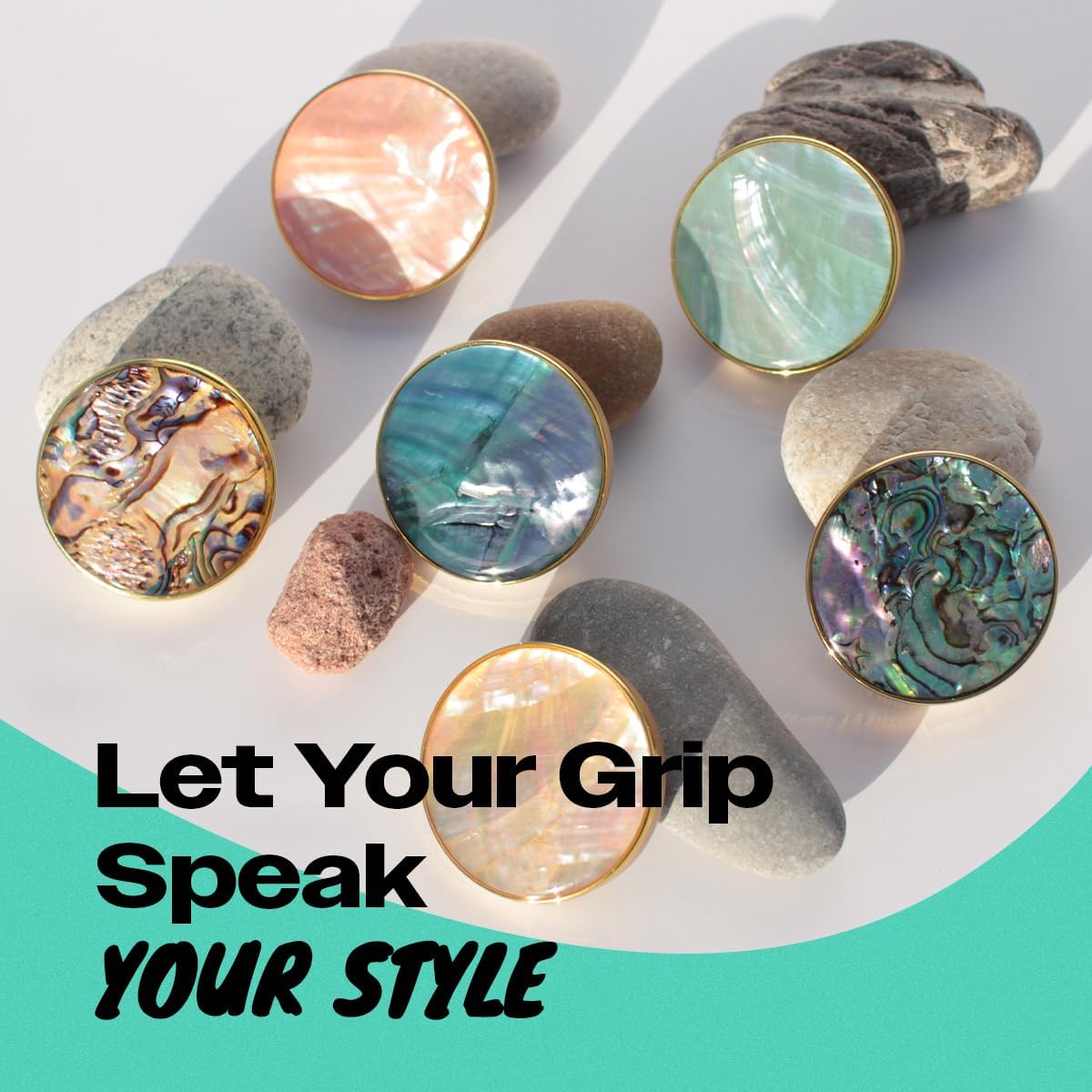 OnTheGrip Cute Natural Seashell Design Round Shape Collapsible Mobile Phone Grip Stand Holder for Smartphone Tablet Cell Phone Accessory (Black Fresh Water) Adhesive type Black fresh water image 3 of 8 B0D3ZLC9GQ