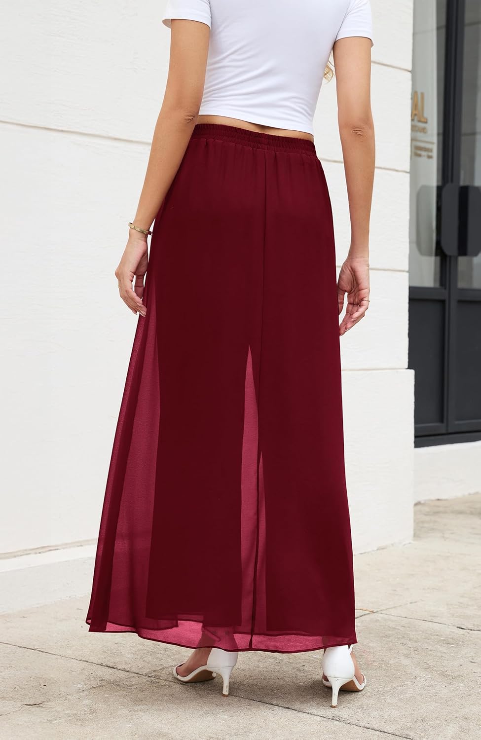 WANGZHI Women's Wide Leg Dress Pant Elegant Party Elastic Waist Trouser with Pockets - Image 5