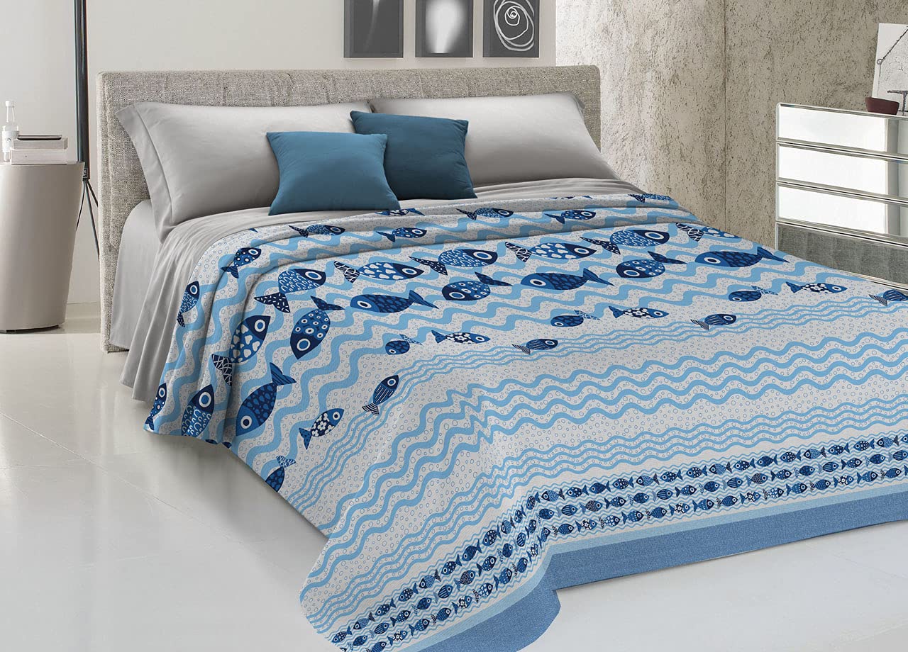 CapitanCasa Copriletto Piquet Leggero Estate 100% Cotone Made Italy Fantasia Pesciolini SV Matrimoniale Blu