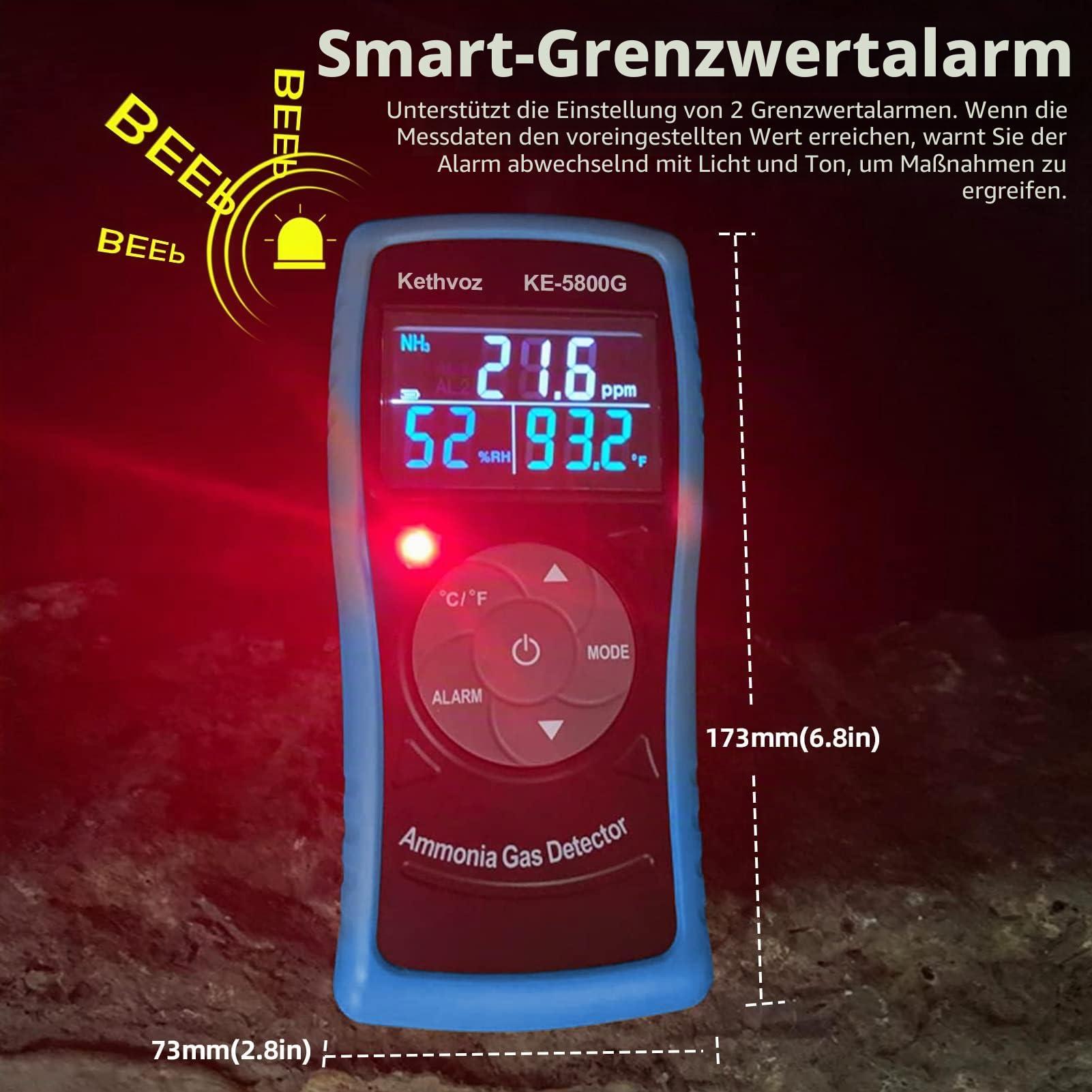 Digitaler Ammoniak Detektor Messgerät mit Alarm, Kethvoz 0~100 PPM NH3 Leckdetektor Messen Temperatur & Luftfeuchtigkeit, Professional Gasmelder für Industrie, Bauernhof, Haushalt 5800G