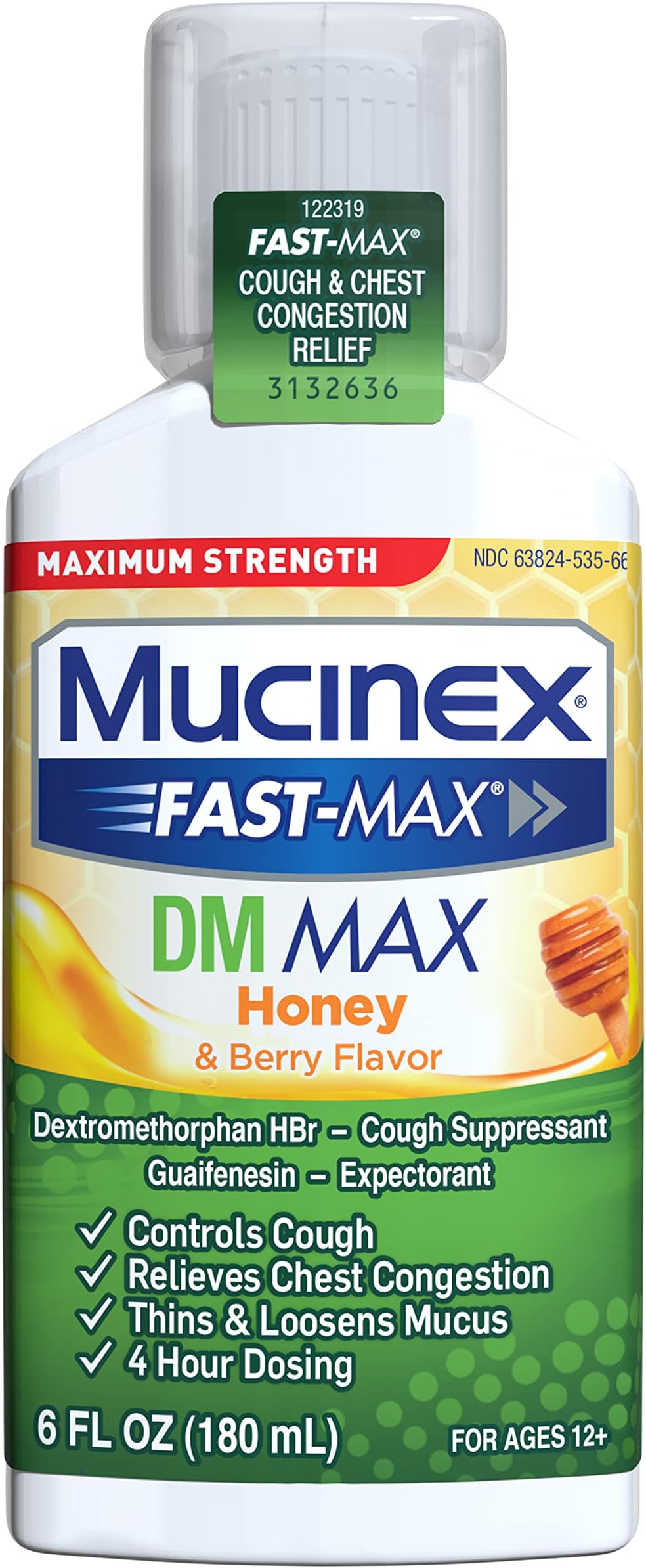 Fast-Max Maximum Strength DM MAX, Symptom Relief, Cough Suppressant and Expectorant, Honey & Berry Flavor, 6 FL OZ