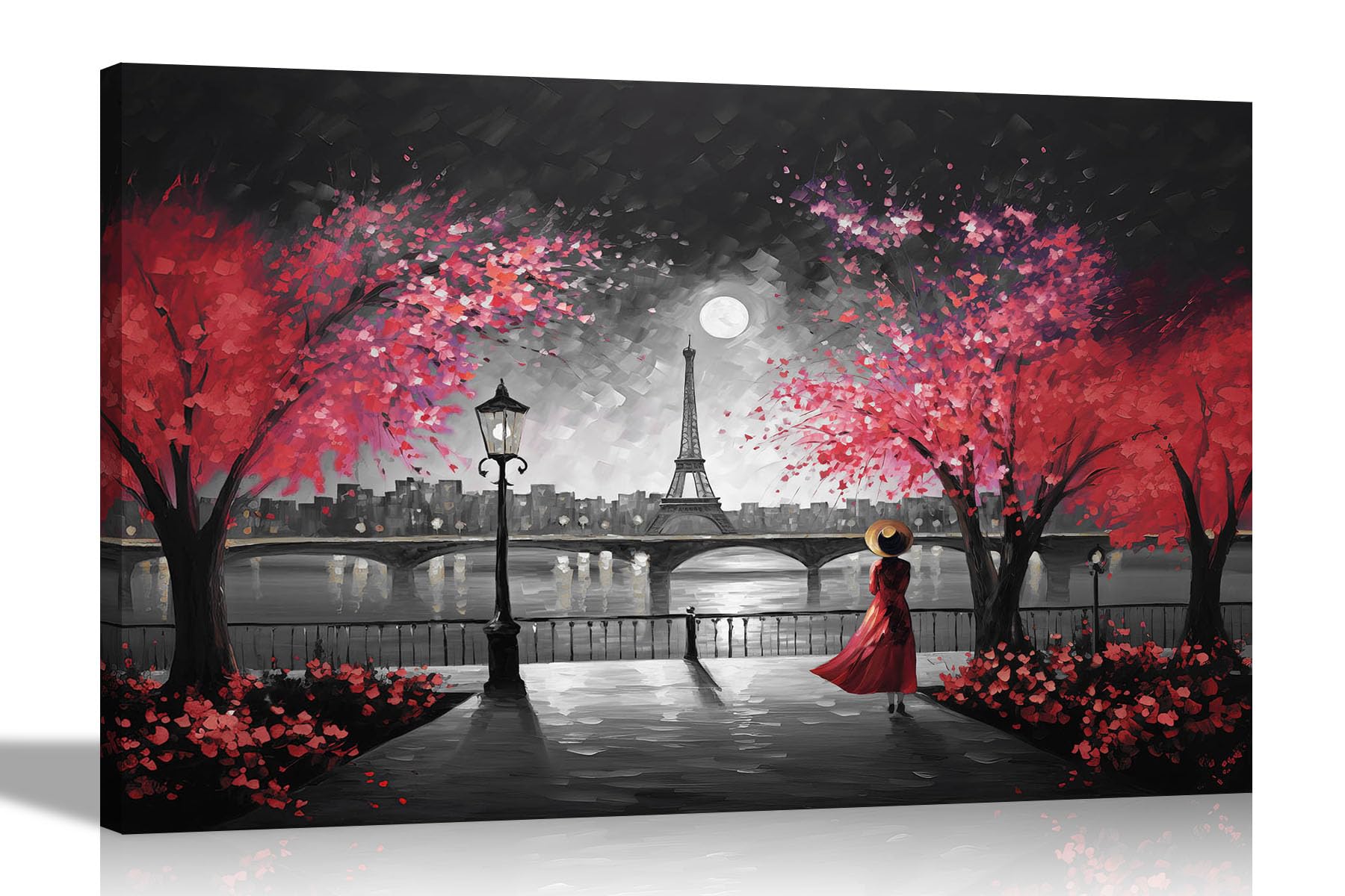Artley Prints Black And White Red Black And White Alone At Night In Paris Red Abstract Canvas Wall Art: Colourful Prints For Living Room - Ready To Hang Contemporary Style 76 X 50Cm (30 X 20 Inches)