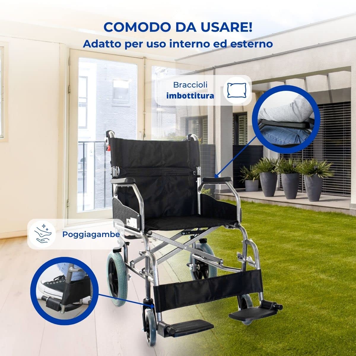 Mobiclinic, Sedia a rotelle, Museo, Di transito, Pieghevole, Alluminio, Freno sulle maniglie, Ortopedica, Poggiapiedi, Braccioli, Per anziani e disabili, Marcatura ce, Ultraleggera, Nero
