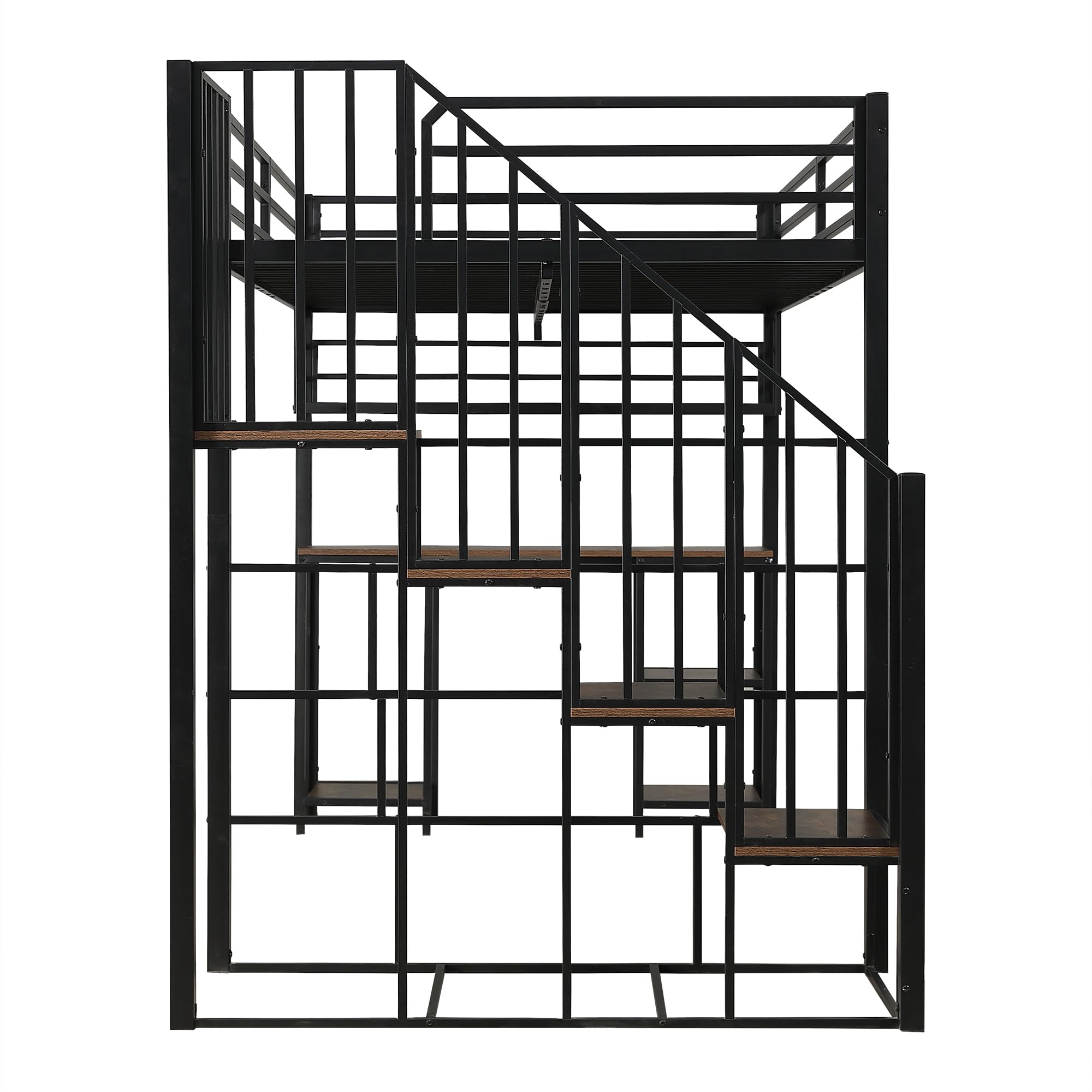 Letto in ferro 120 x 200 cm, letto a soppalco, scale con corrimano, con scrivania e scaffalatura, rete a doghe stabili, ferro + truciolato, nero+scuro