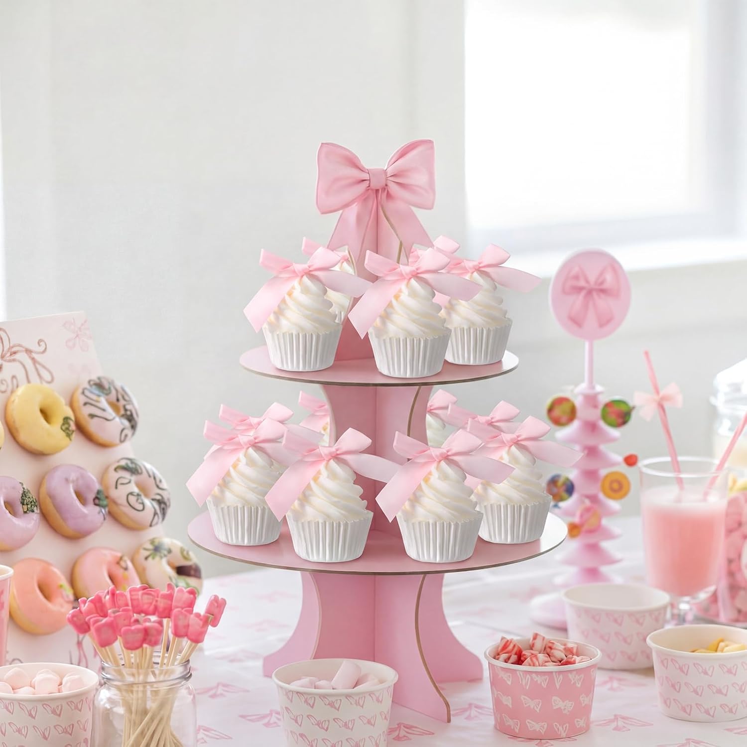Fiwochic 4 Pcs Pink Bow Fake Cupcakes Coquettish Artificial Cake Desserts Pink Bow Fake Birthday Cupcake Photography Props Decor for Wedding Baby Shower Party Display