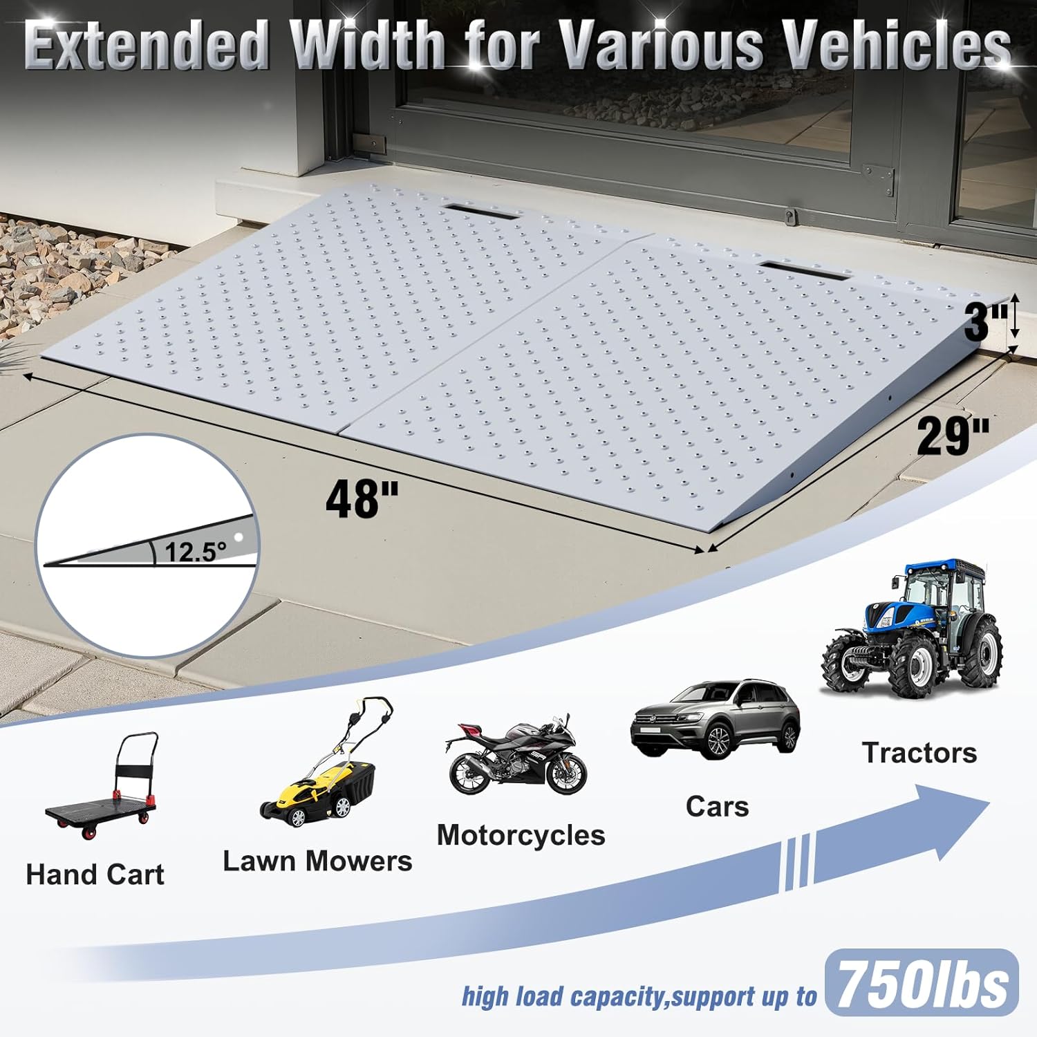 Shed Ramp2PC, Heavy-Duty Loading Ramps for Lawn Mower, 29" L x48 W Curb Ramp with Anti-Slip Punch Plate Ramp for Sheds, Garages, Barns, ATV, Lawnmower