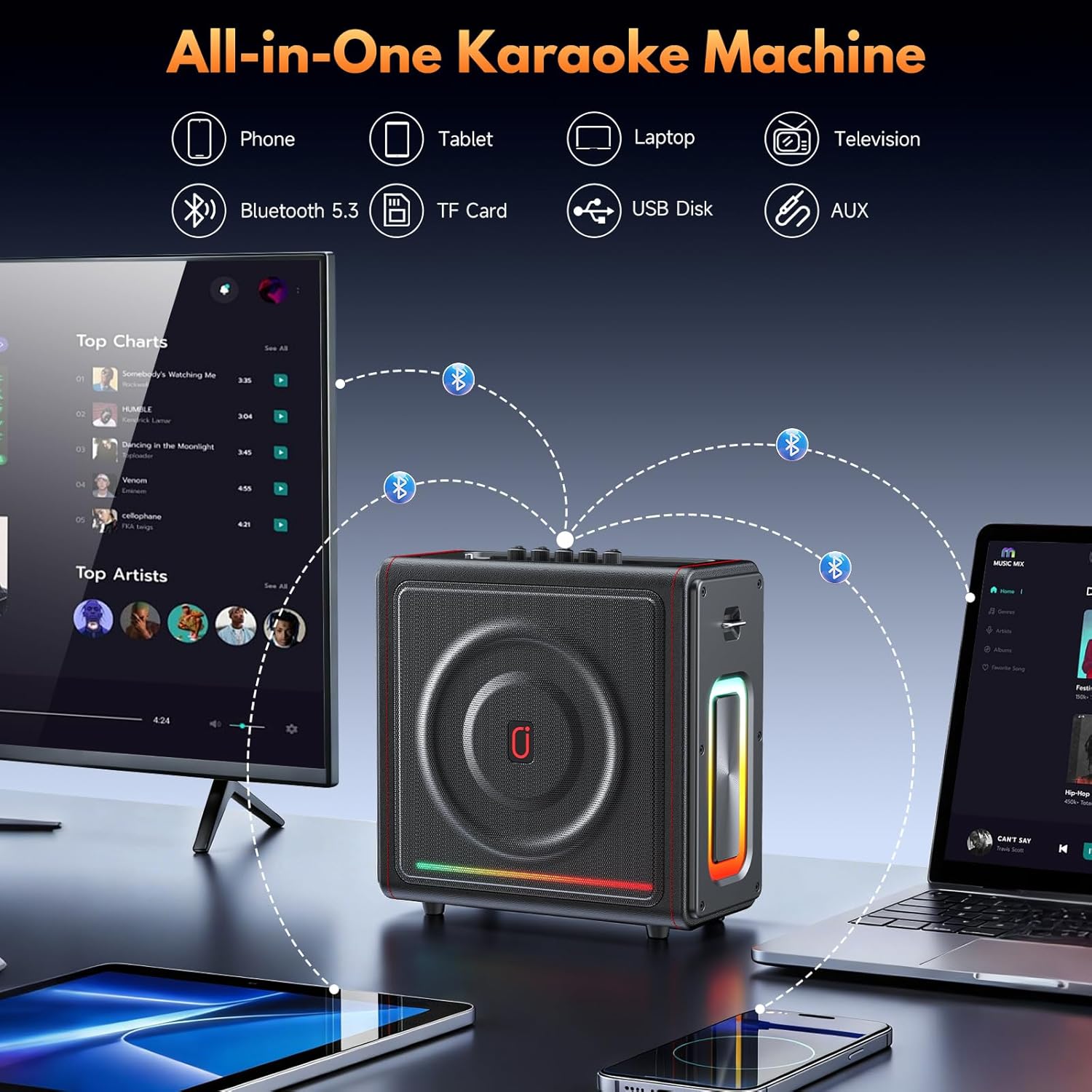 Karaoke Machine for Adults with 2 Wireless Microphones, Portable Bluetooth 5.3 Speaker with Bass/Treble/Echo Adjustment, PA System with Remote Control, Supports TV/TF Card/USB/AUX/TWS - Image 7