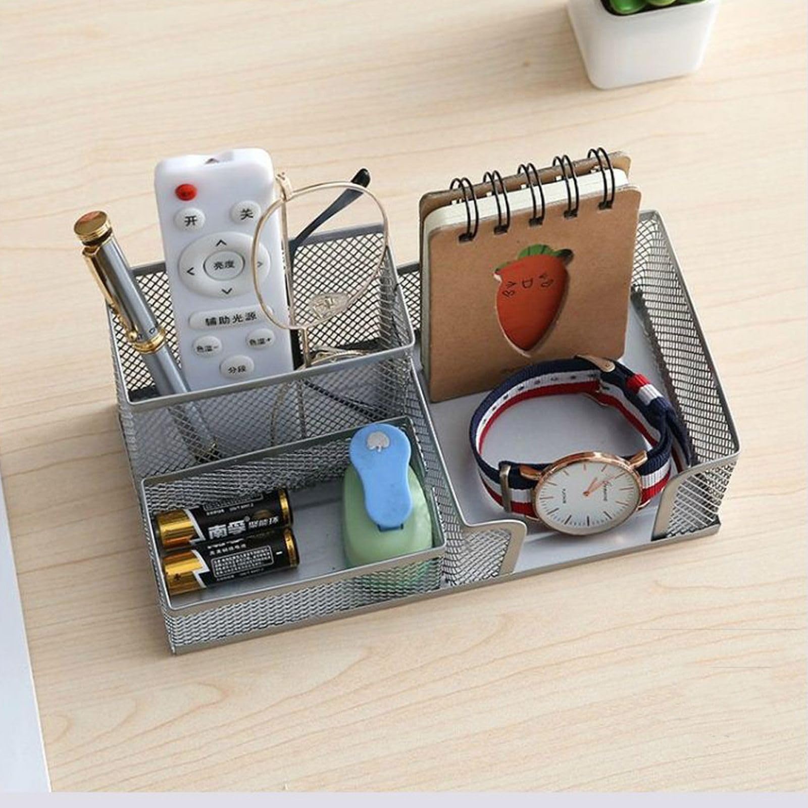 PYJLBX Bureau-organizer, pennenhouder, bureau, mesh, metaal, multifunctionele pennenhouder (zilver-bureau-organizer