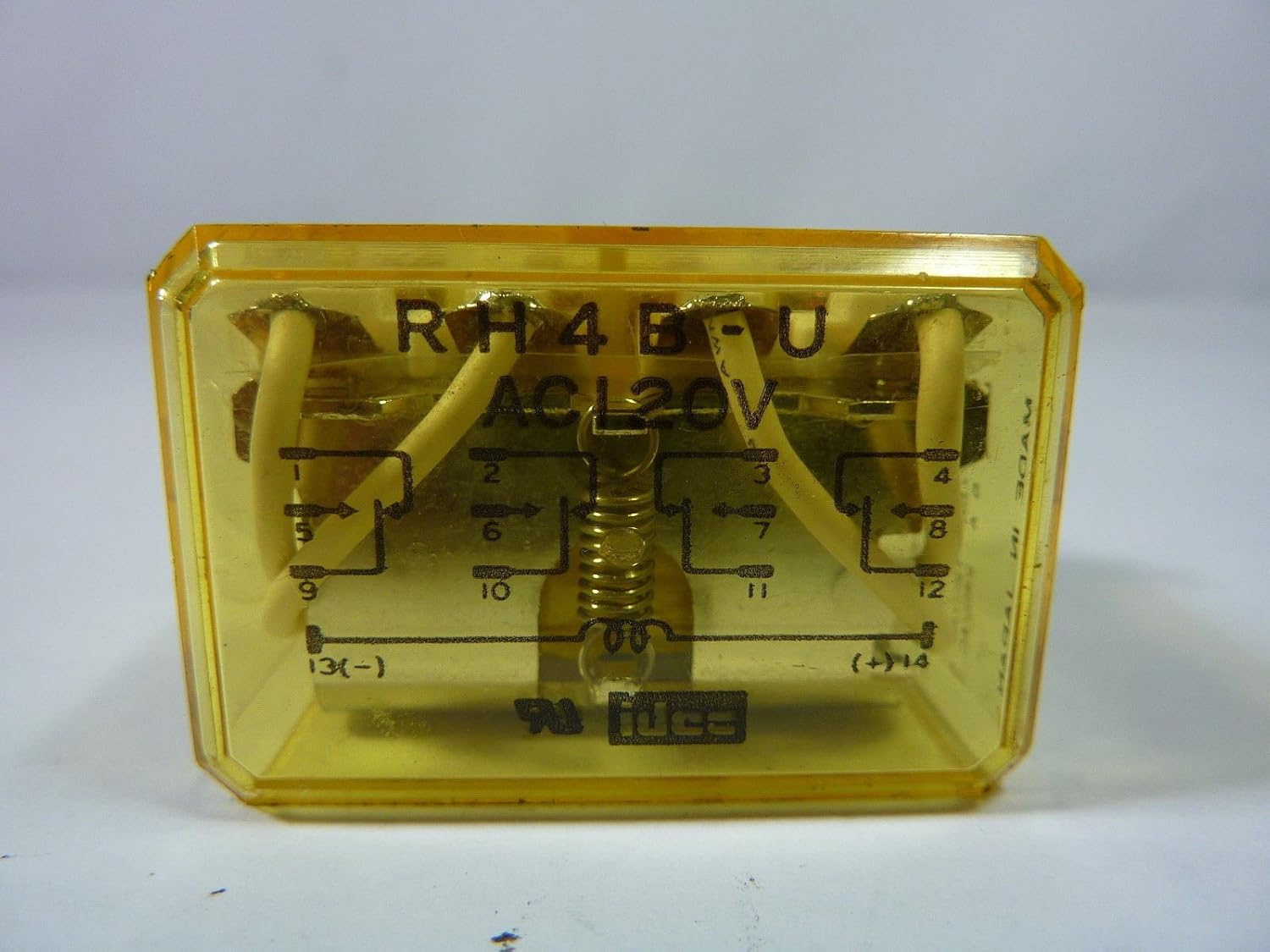 Idec RH4B-U General Purpose Relay, front view showing wiring diagram with pin numbers and coil connections
