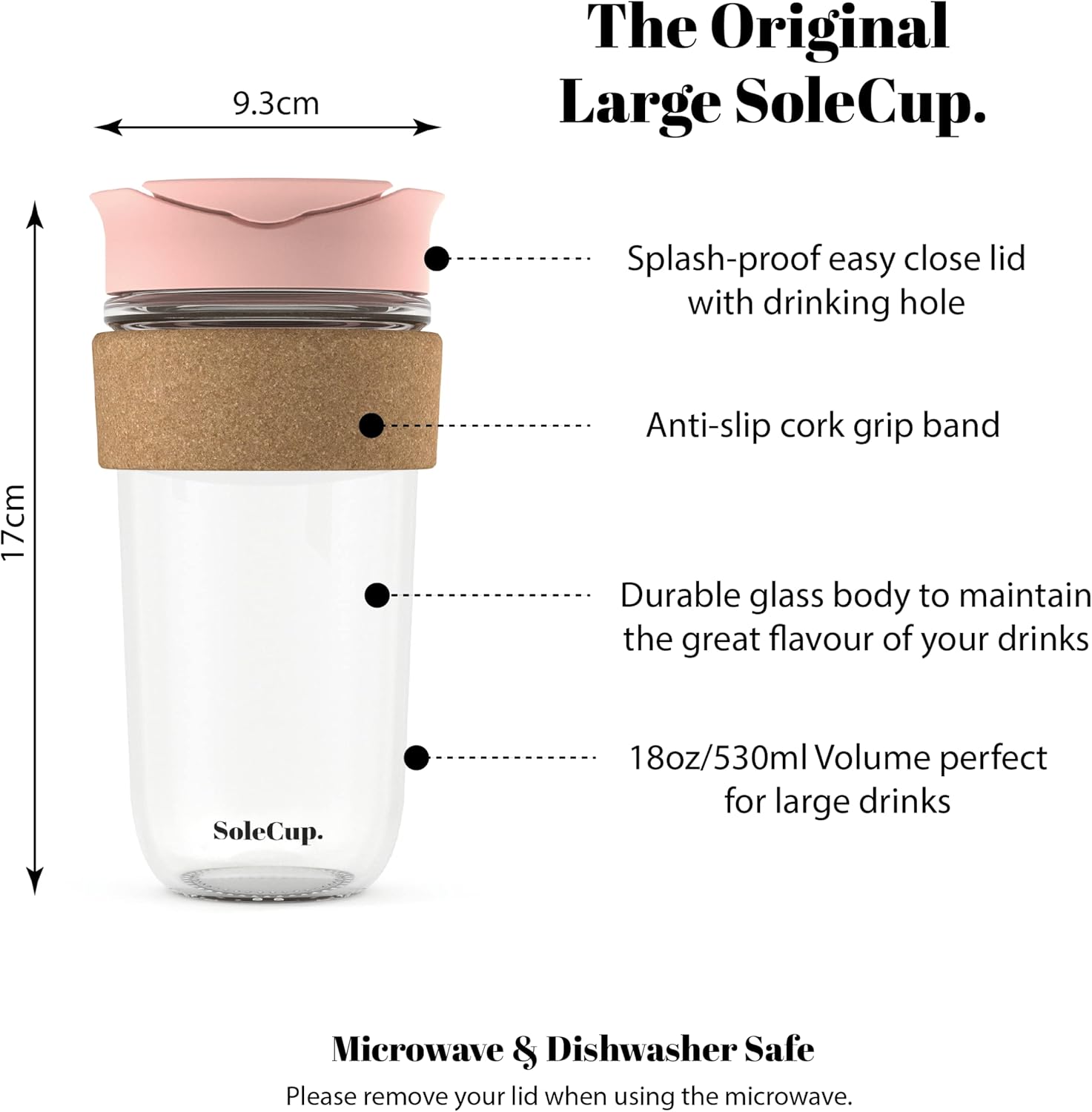 Large Travel Mug - Reusable Insulated Coffee Mug - 18oz/530ml BPA-Free Hot Drink Travel Mug with Lid & Cork Band (Pink, 18oz) - Image 2
