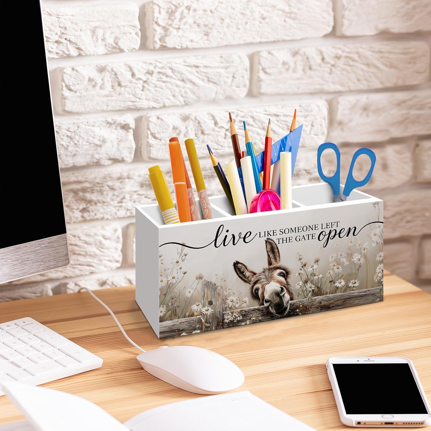 Farmhouse Donkey Gifts Pen Holder for Home Office Desk, Donkey Daisy Floral Office Desk Decor, Live like Someone Left the Gate Open Brush Toothbrush Holder Organizer for Bedroom image 2
