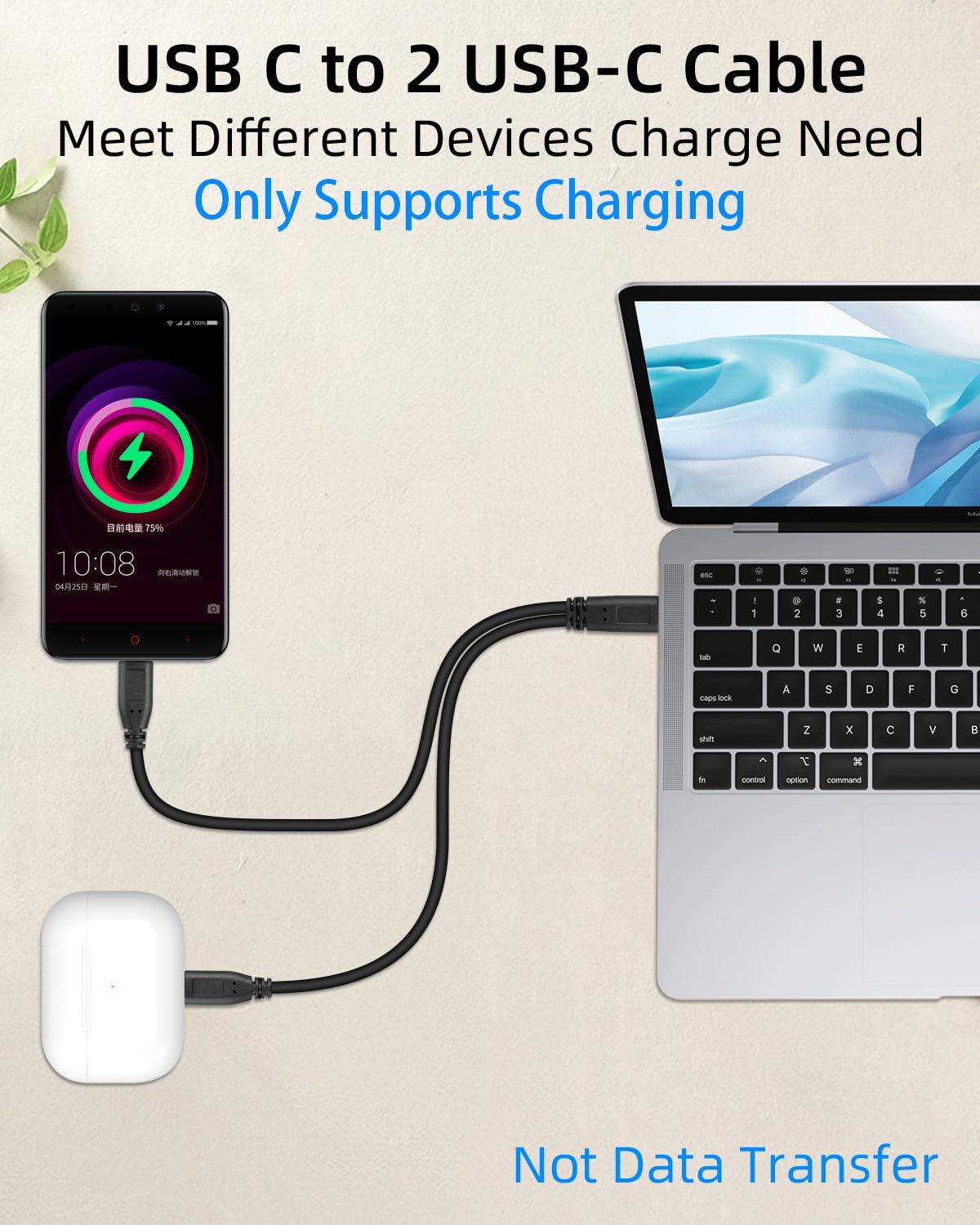 GELRHONR Short USB C Multi Splitter Charging Cable 5V, 2 in 1 USB C Male to Dual Type C Male Charge Cord for Cell Phones Tablets and More 30cm/1Ft (2Pack) &Only Charging image 3