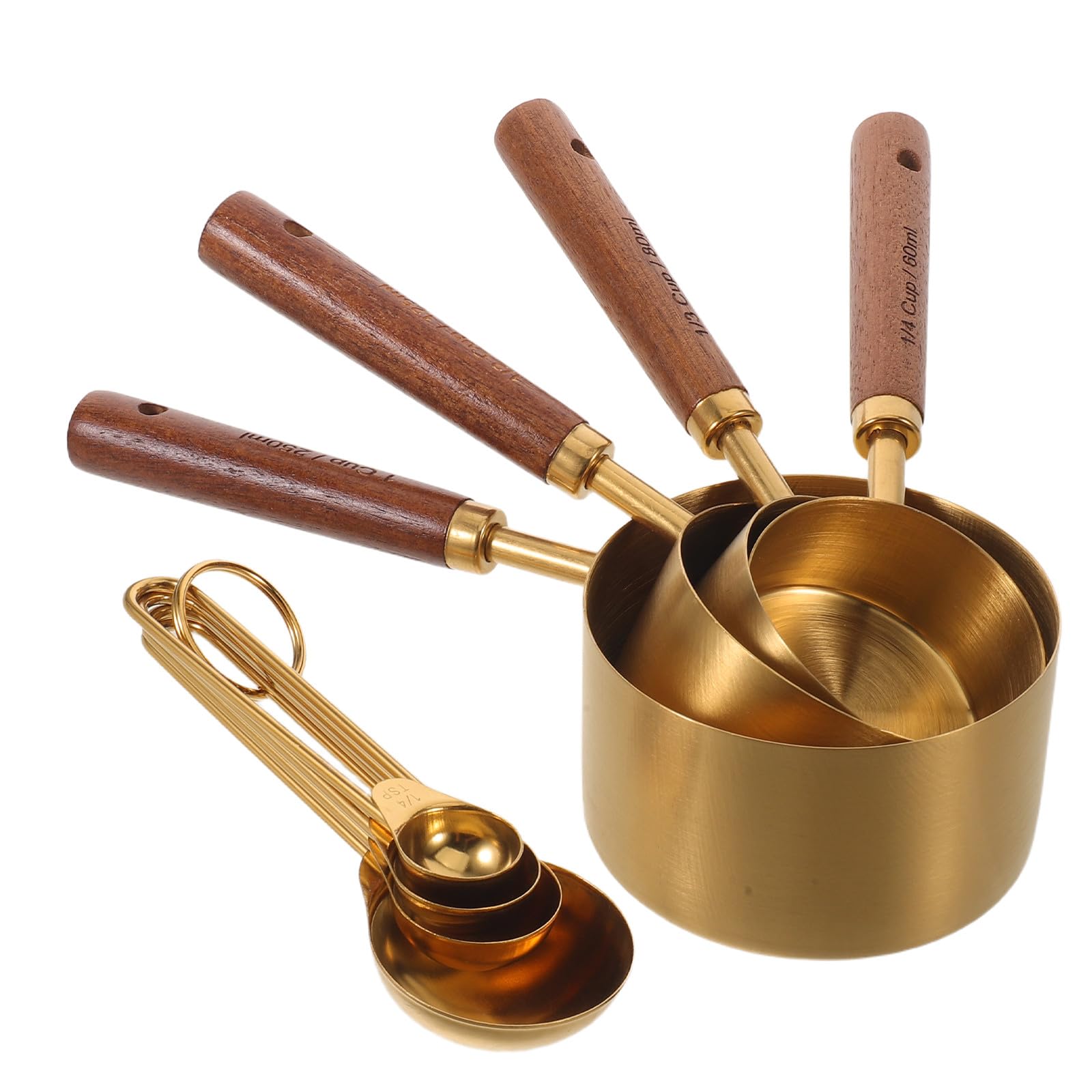 Juego de 8 tazas y cucharas medidoras doradas para cocinar y hornear.