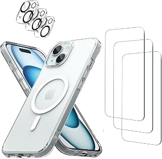 3 Pack Tempered Glass Screen Protector for iPhone 13 [6.1 Inch] + Clear Case [Compatible with MagSafe] Magnetic Wireless Charging + 3 Pack Camera Lens Protector, [7in1 Care Kit]